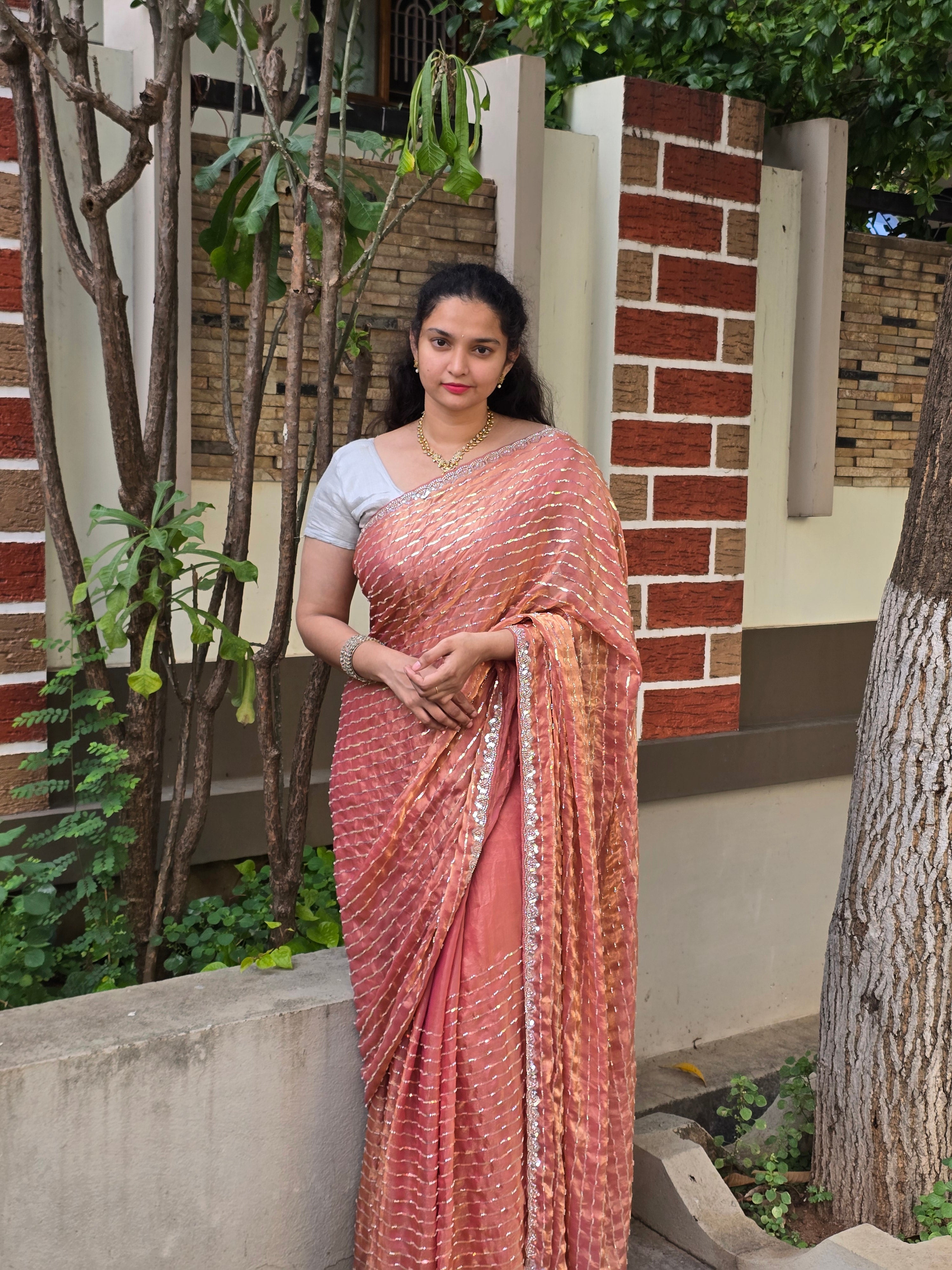 Space silk beads and Chip work saree