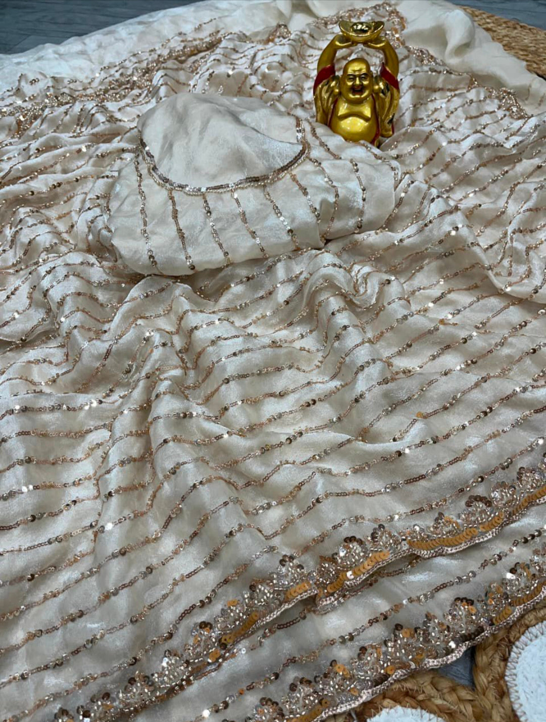 Space silk beads and Chip work saree
