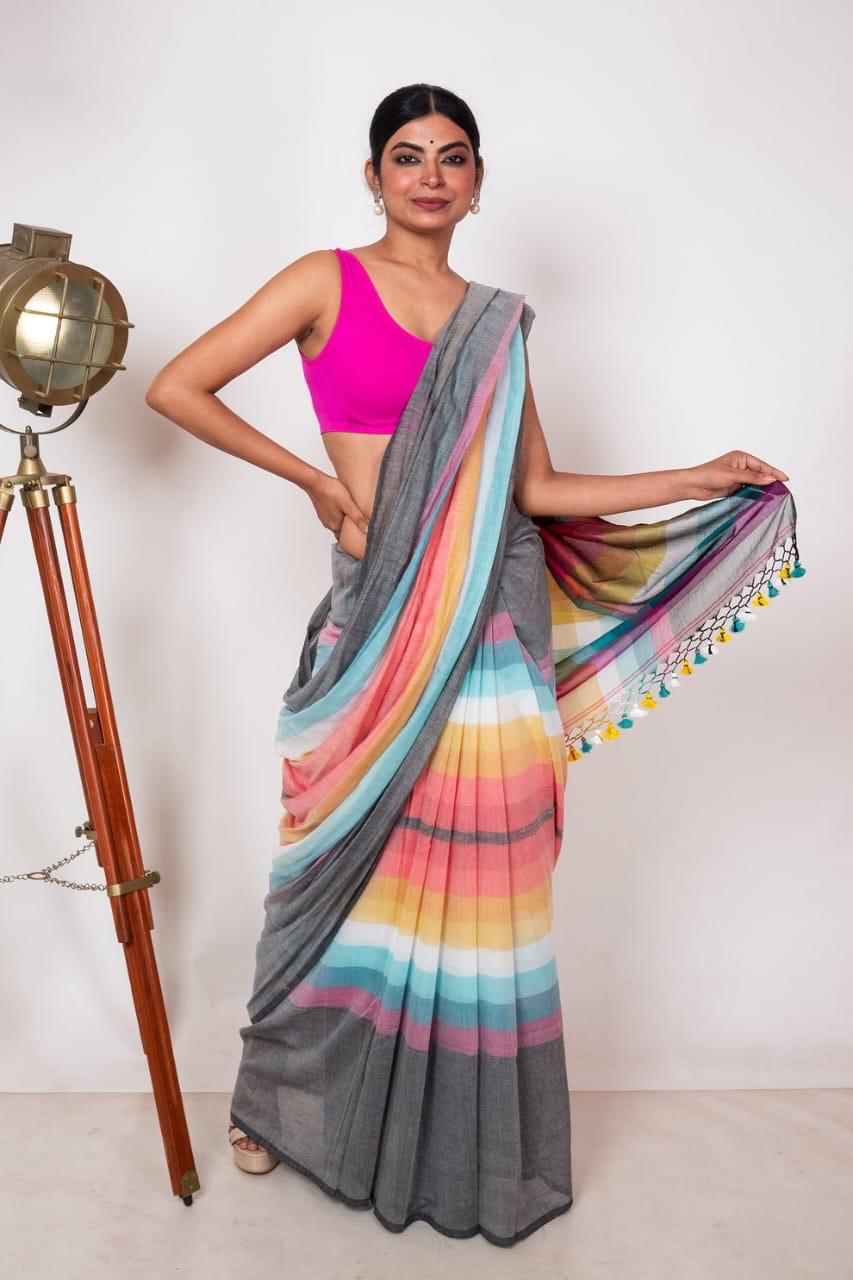 Rainbow Mul cotton saree