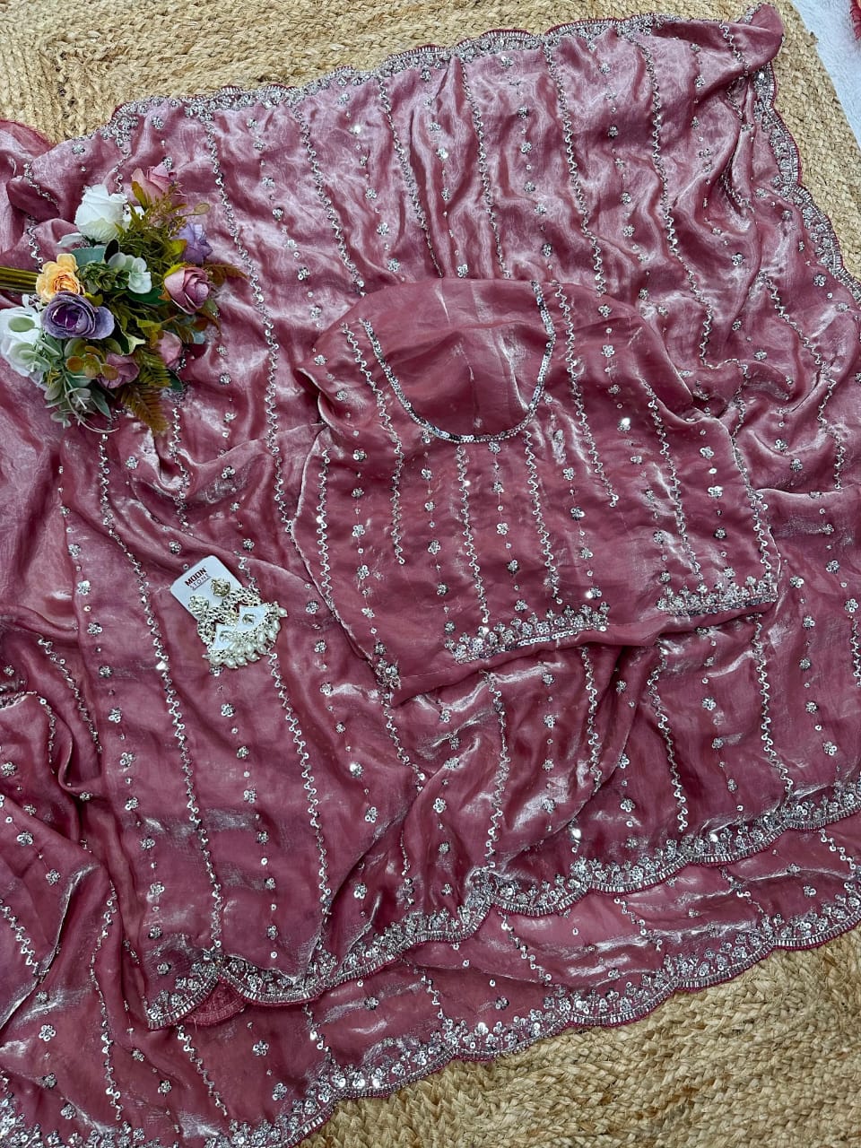 Space silk single shade original beads saree