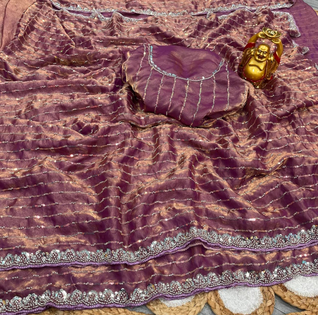 Space silk beads and Chip work saree