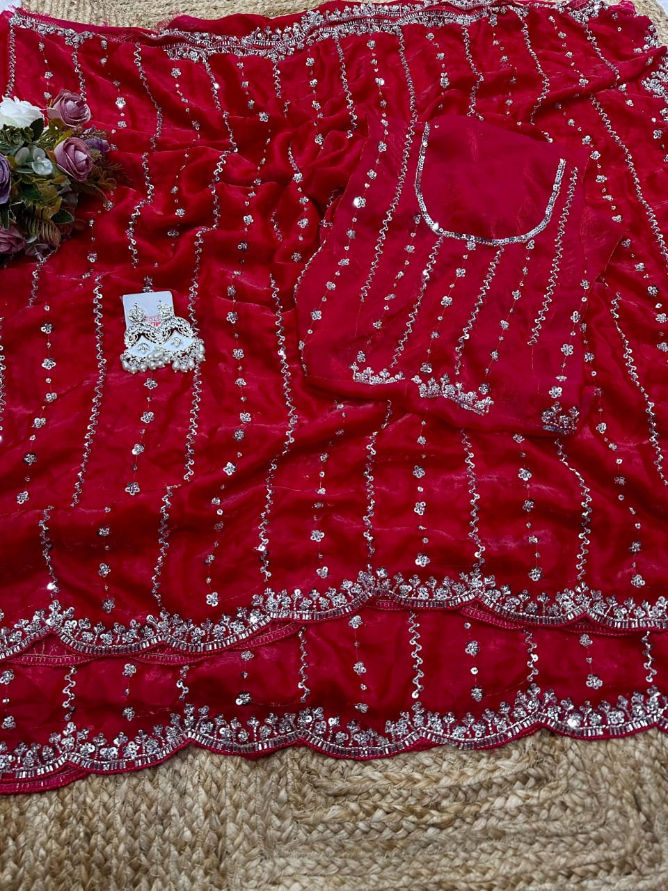 Space silk single shade original beads saree