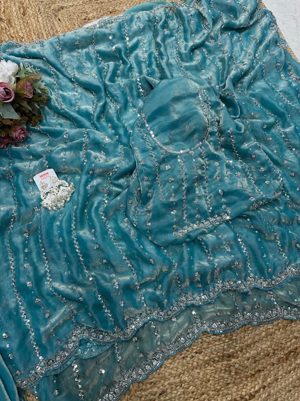 Space silk single shade original beads saree