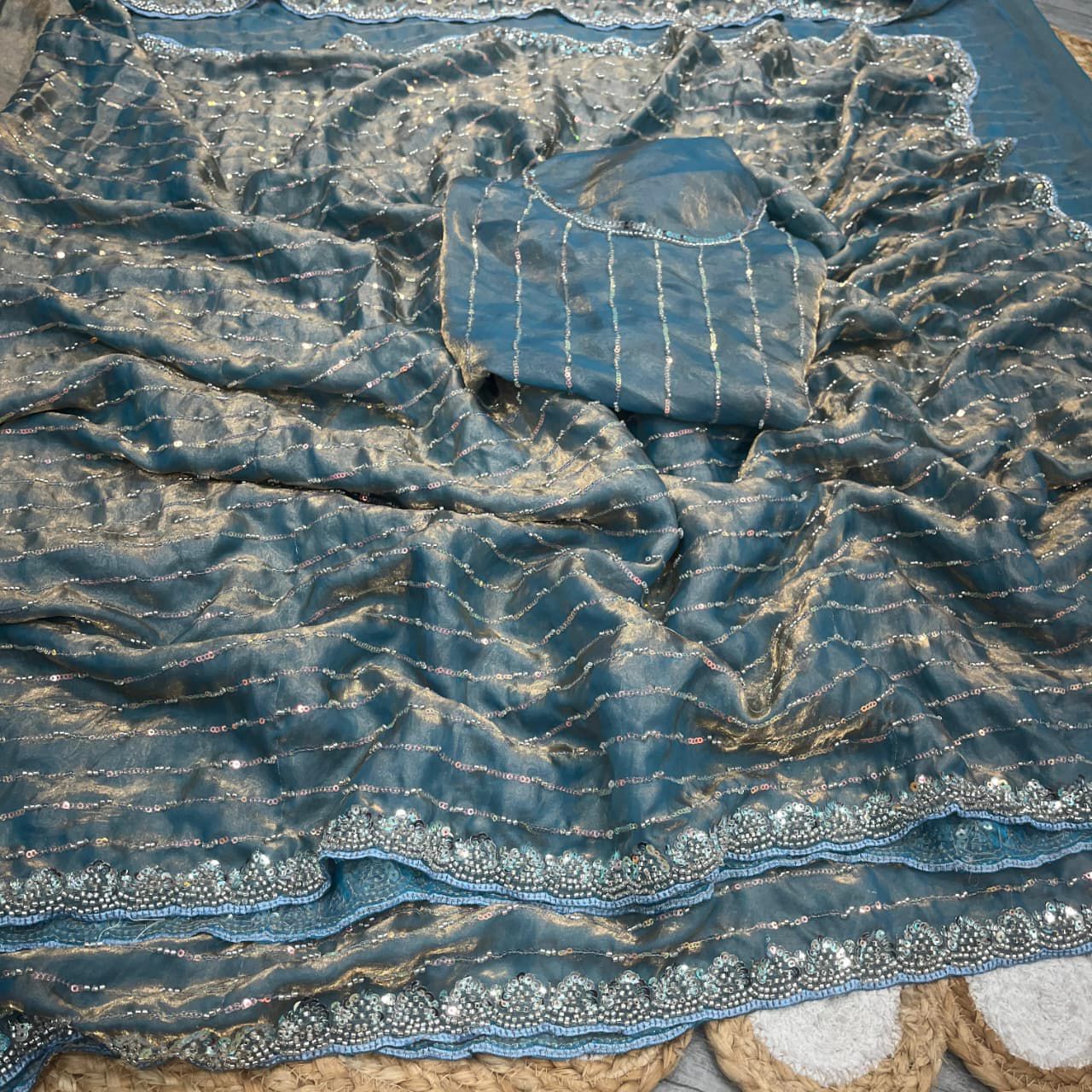 Space silk beads and Chip work saree