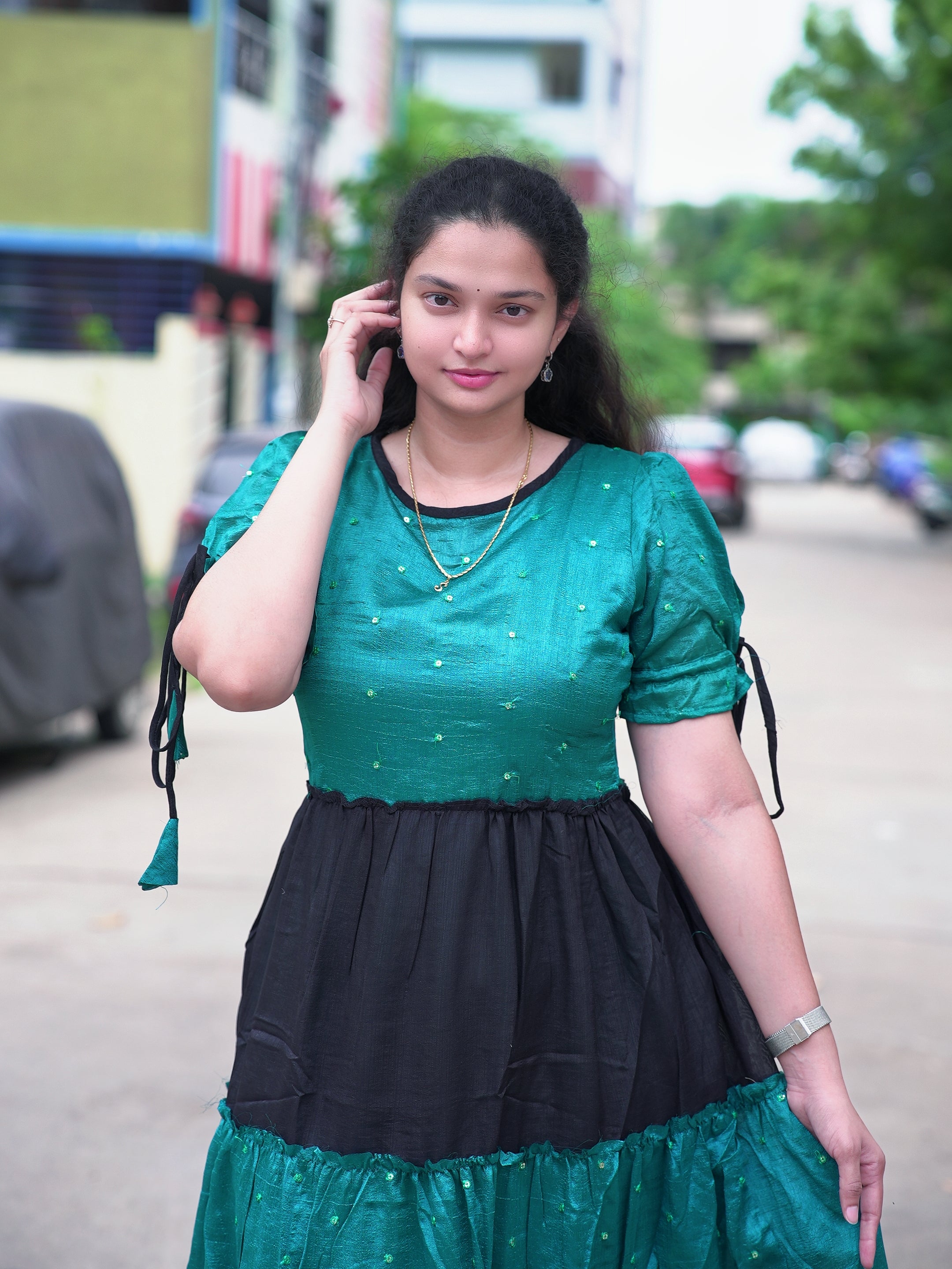 Vichitra silk fabric black and teal stylish maxi frock