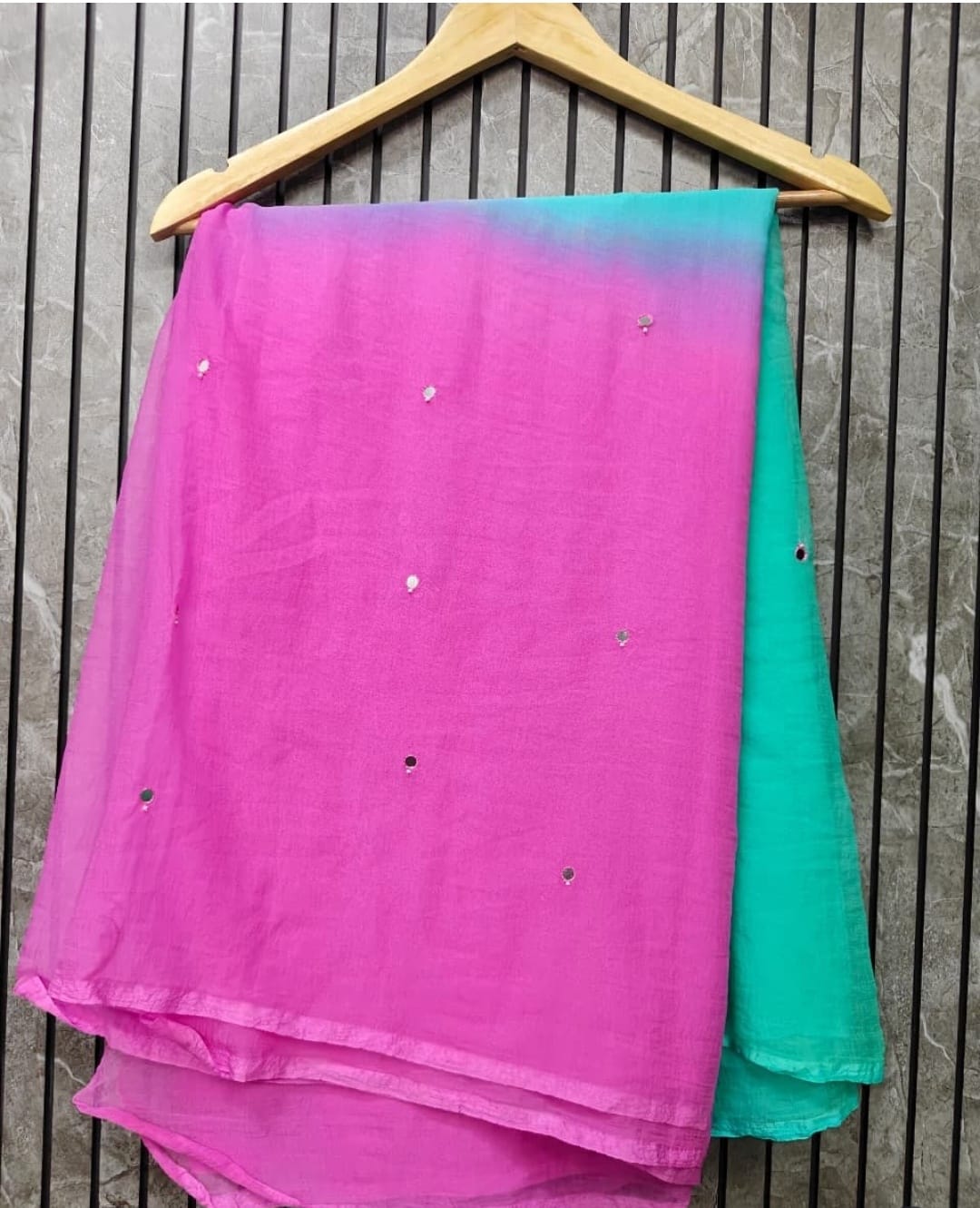 Chiffon mirror patra work dual shade saree