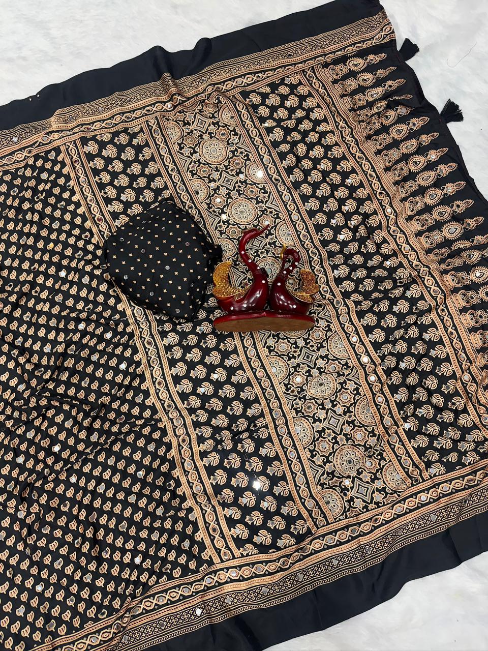 Semi modal crepe silk ajrak mirror saree