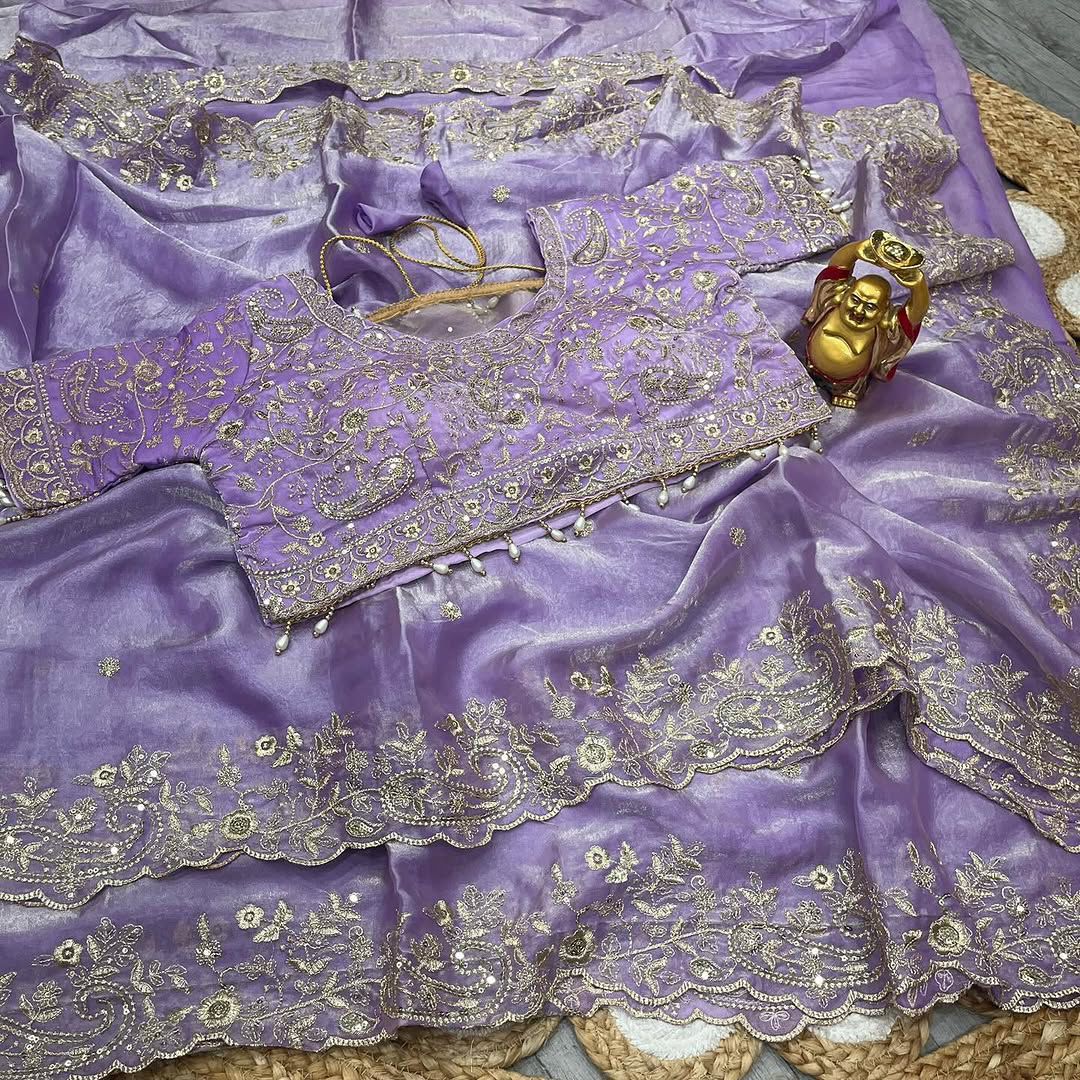 Space Silk Embroidery work saree with stitched blouse