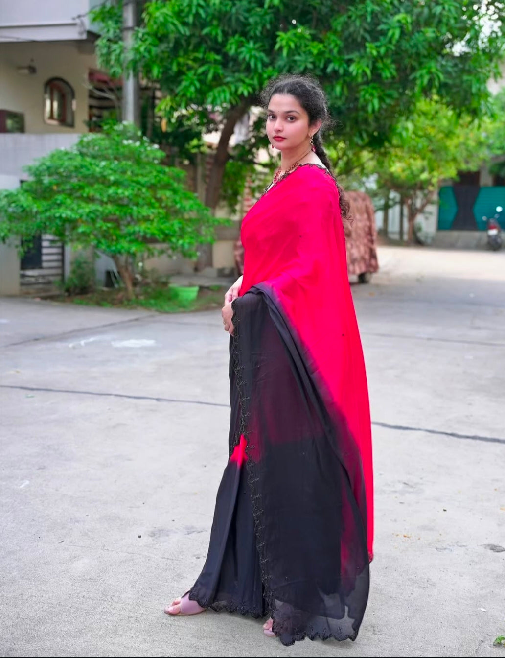 Kajal inspired chinnon dual shade handwork saree