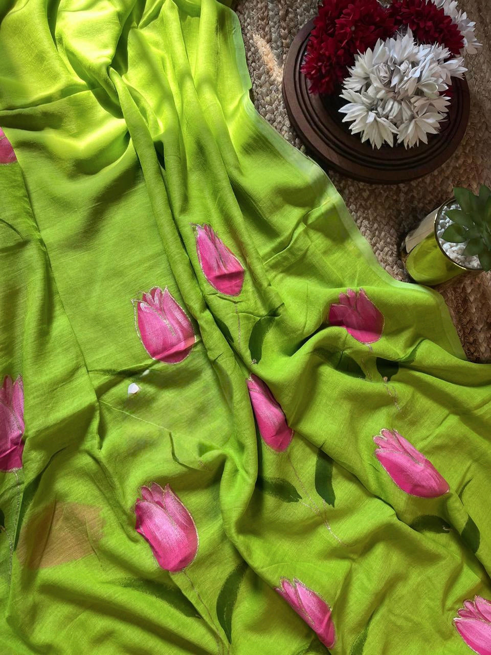 Mul cotton Tulip hand painted saree
