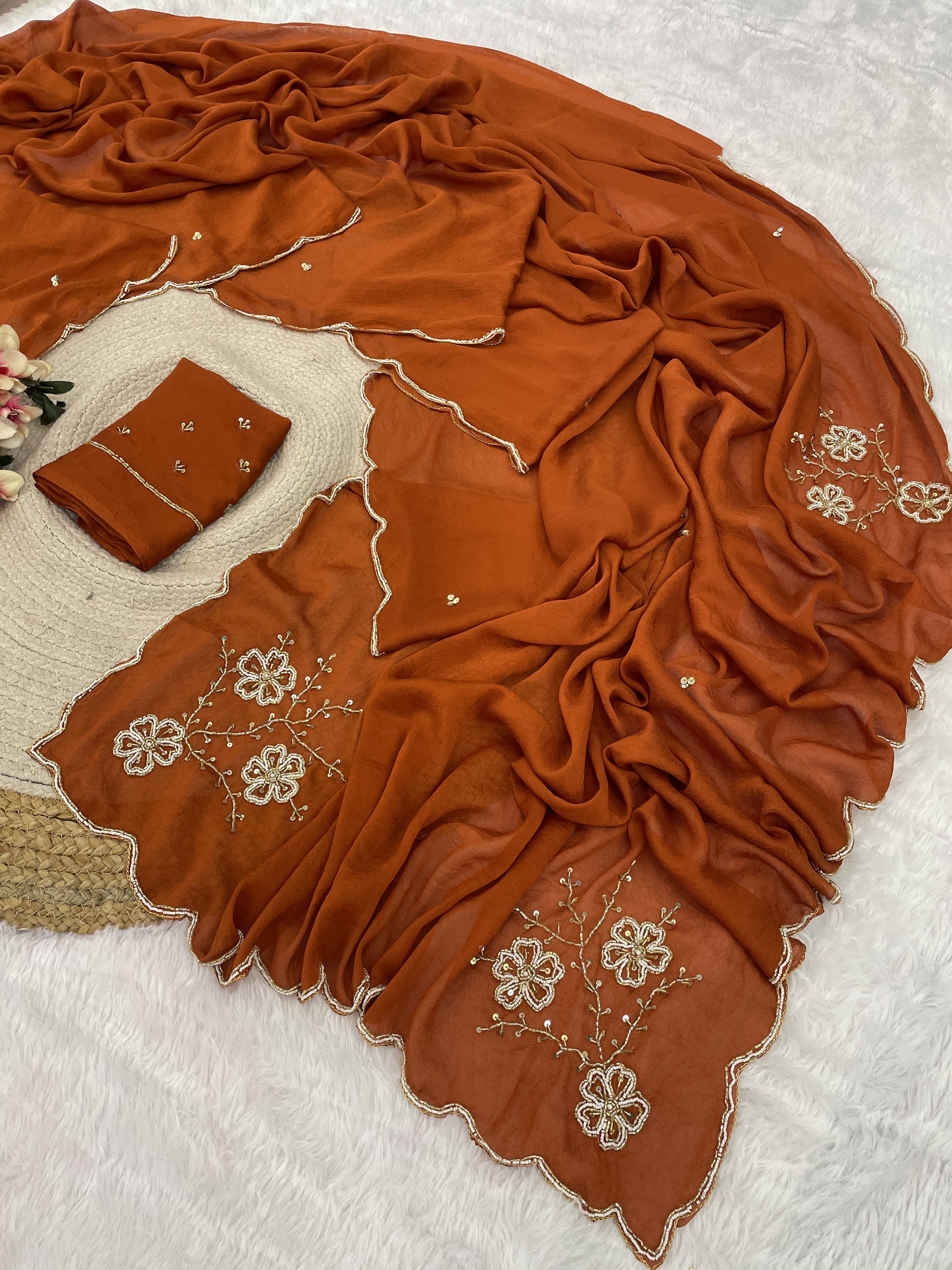 Soft crush rangoli floral katli handwork saree