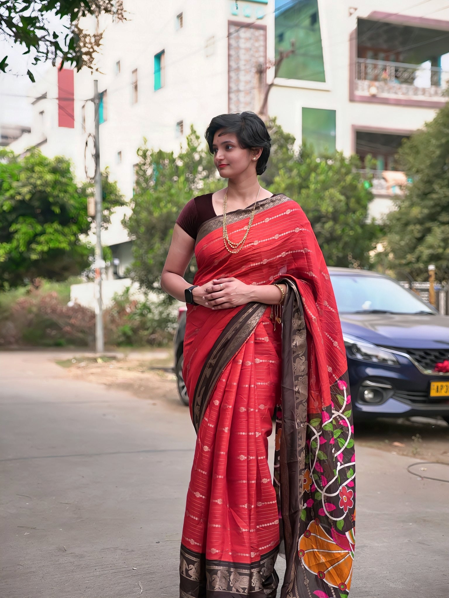 Rust Orange Soft tussar saree kalamkari pallu