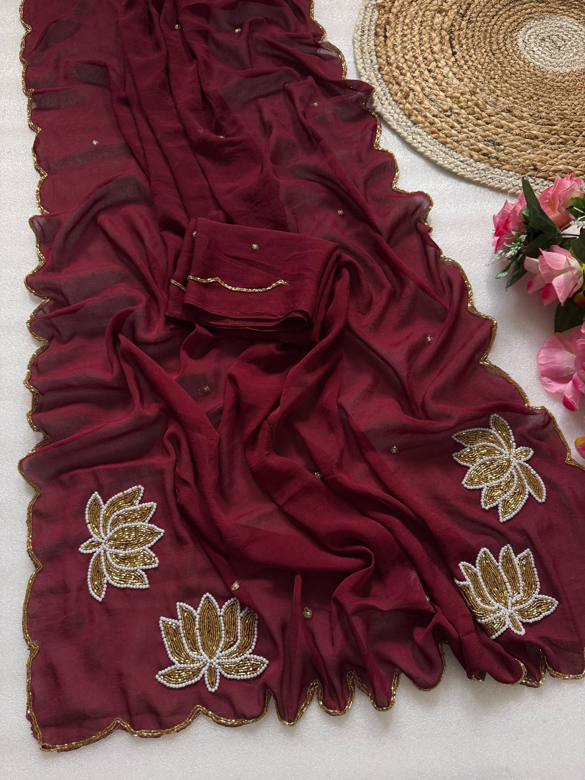 Soft rangoli crush lotus handwork saree