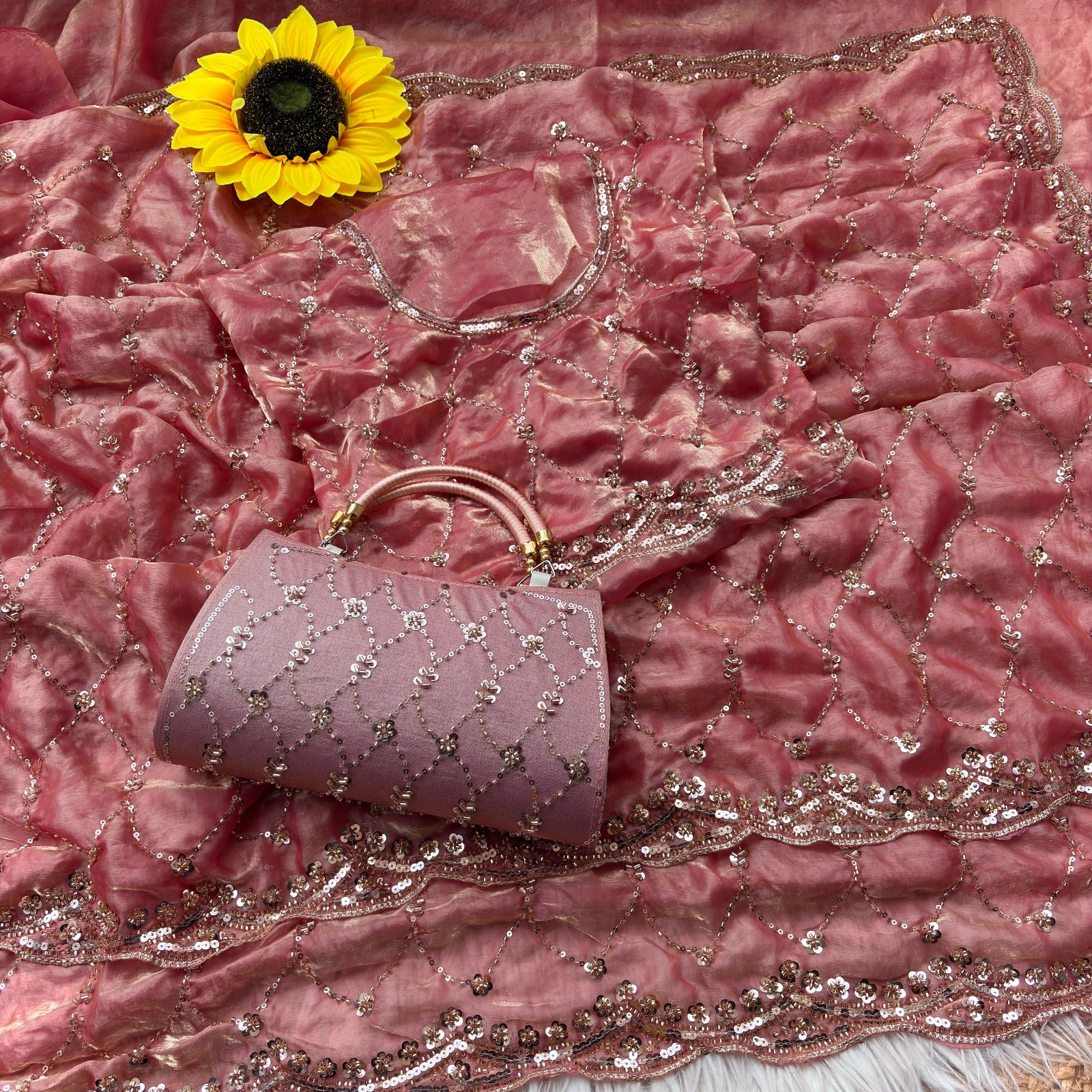 Space silk beads work saree with free desiner purse