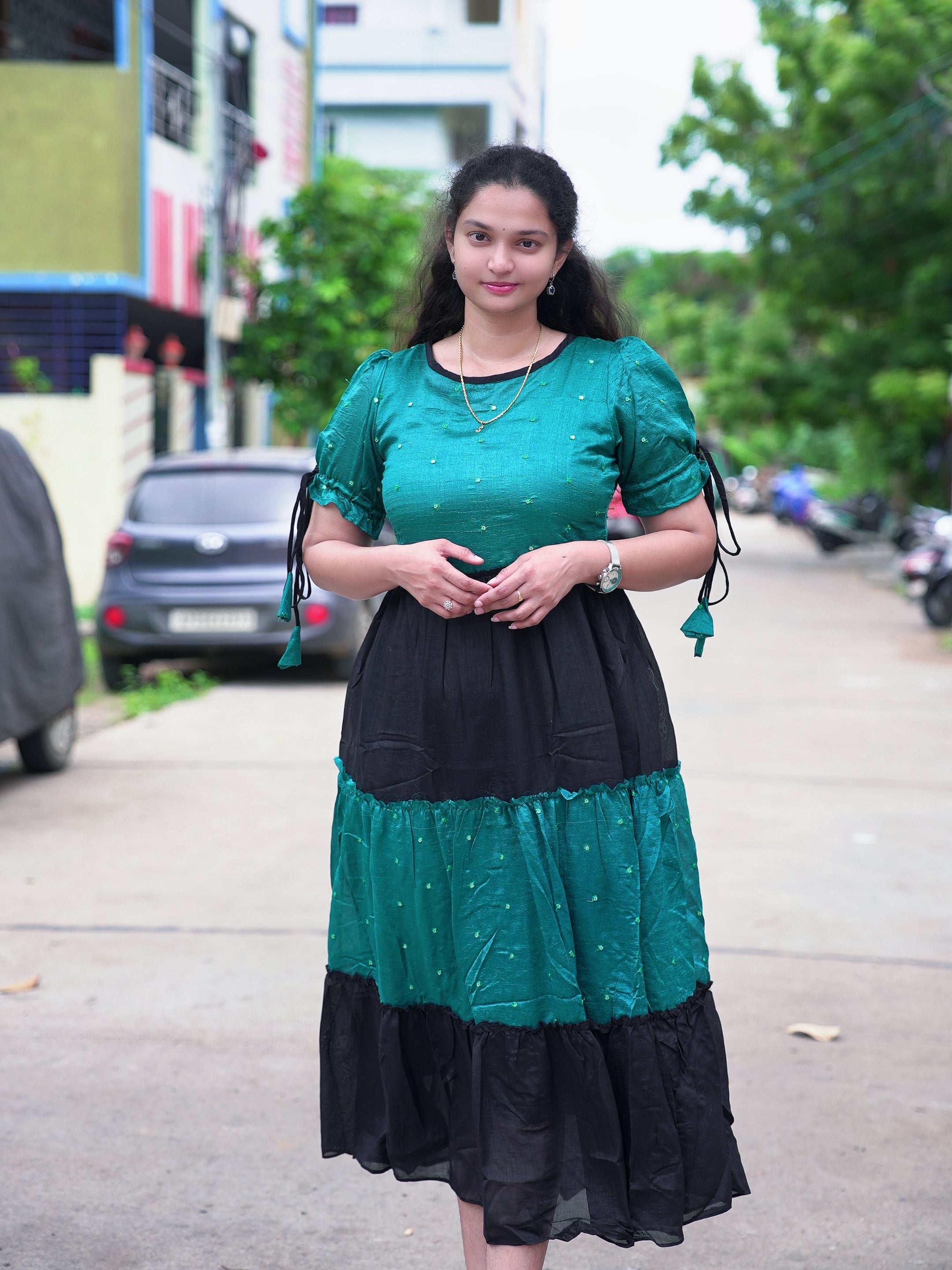 Vichitra silk fabric black and teal stylish maxi frock