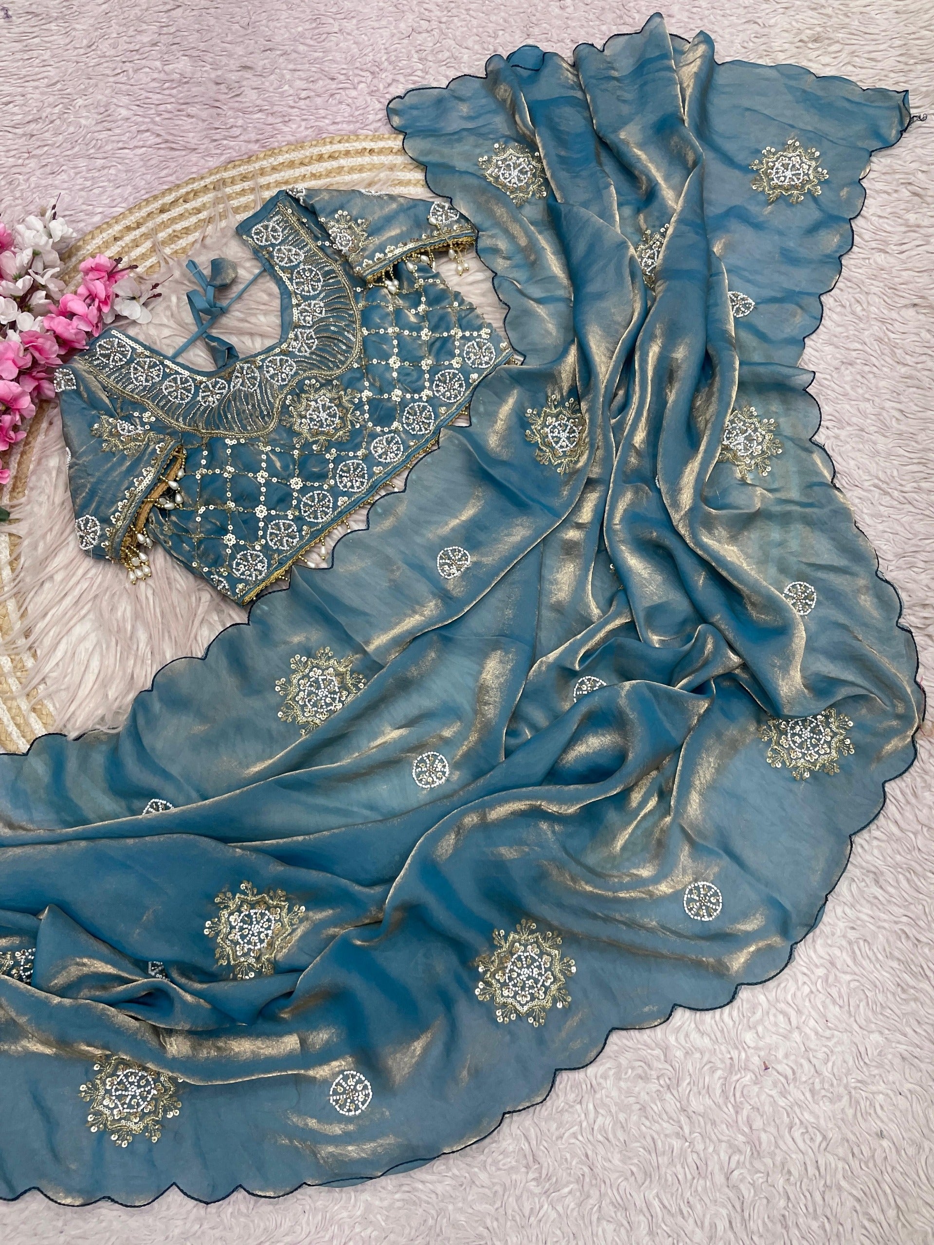 Space silk Beads work Stitched blouse saree