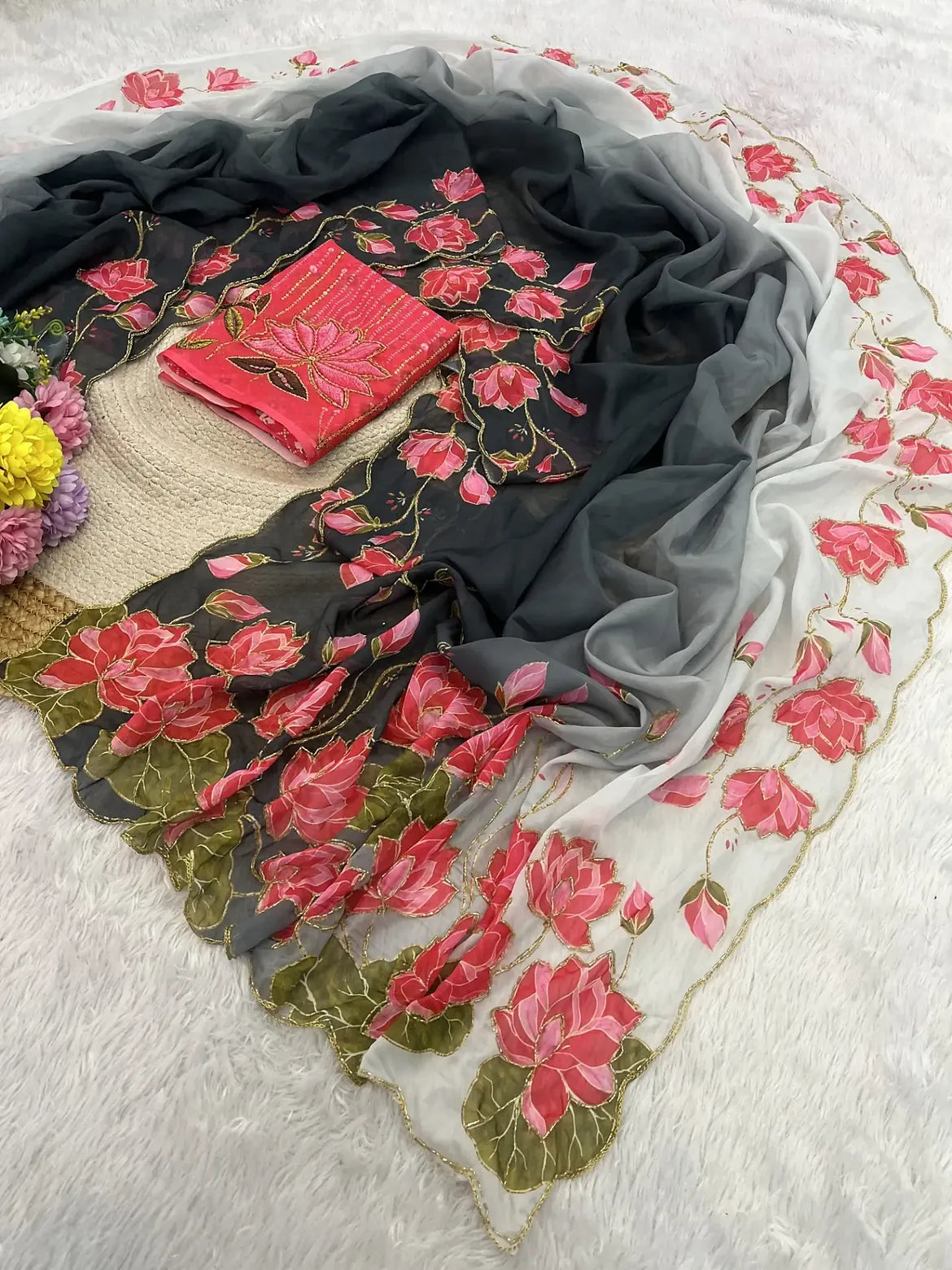 Soft teby silk lotus katli handwork dual shade saree