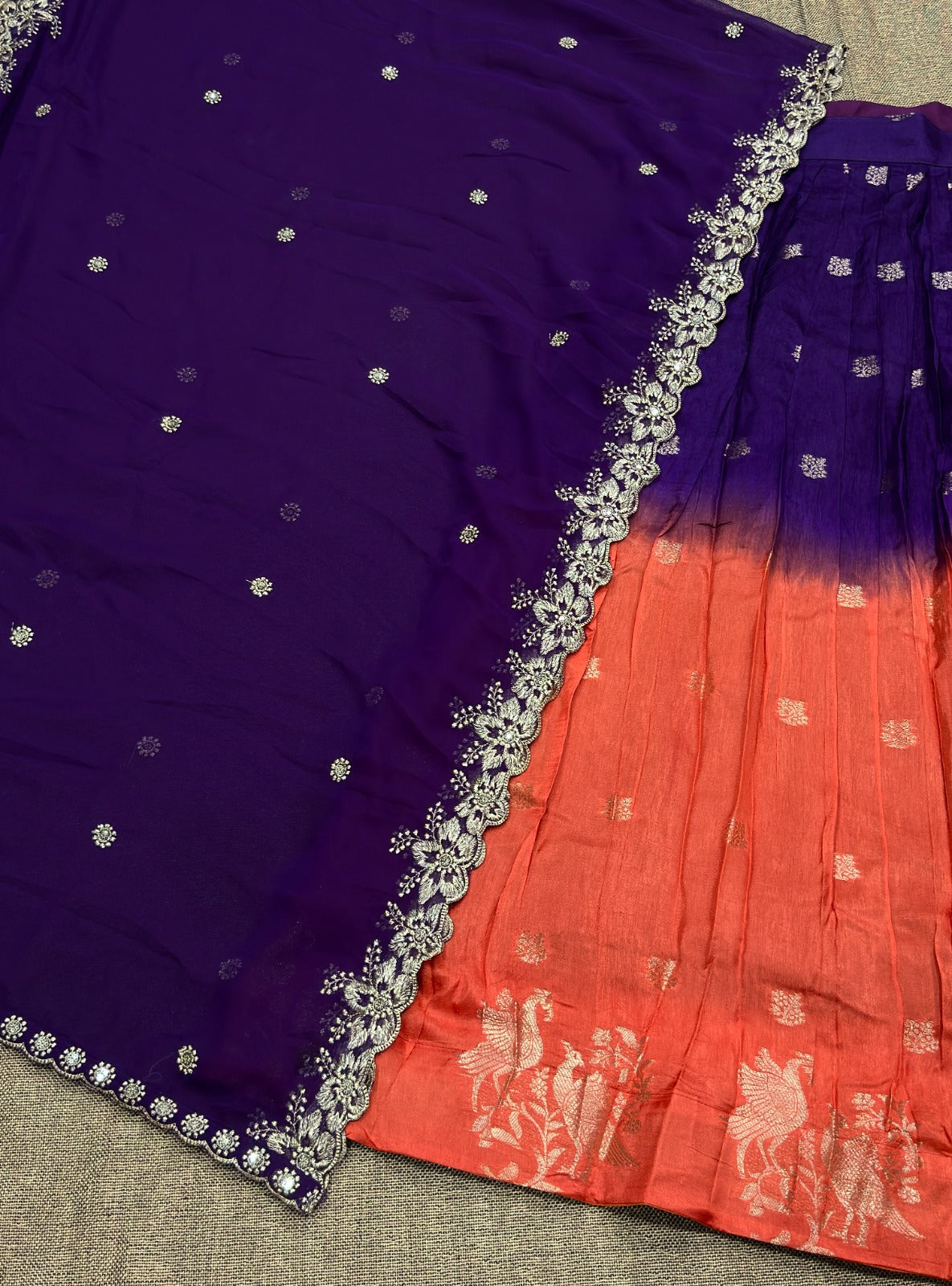 Full stitched purple and rust orange Lehanga