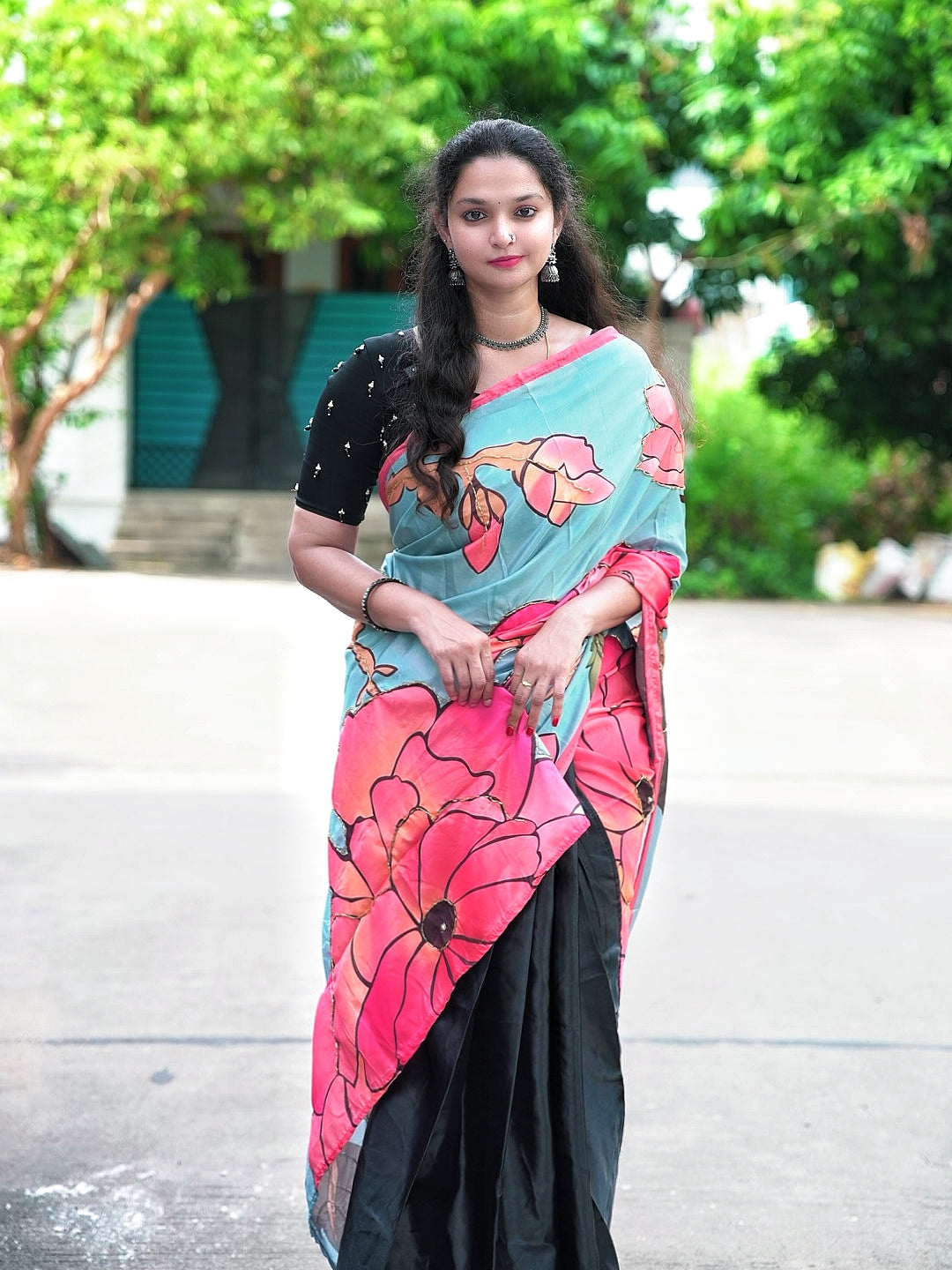 Stylish satin floral printed handwork saree