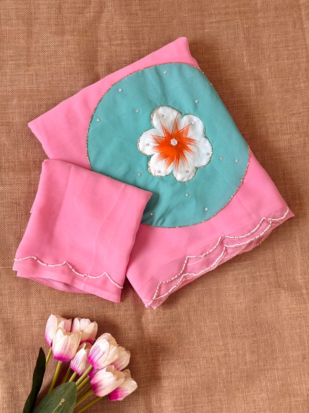 Pure georgette brush paint handwork saree
