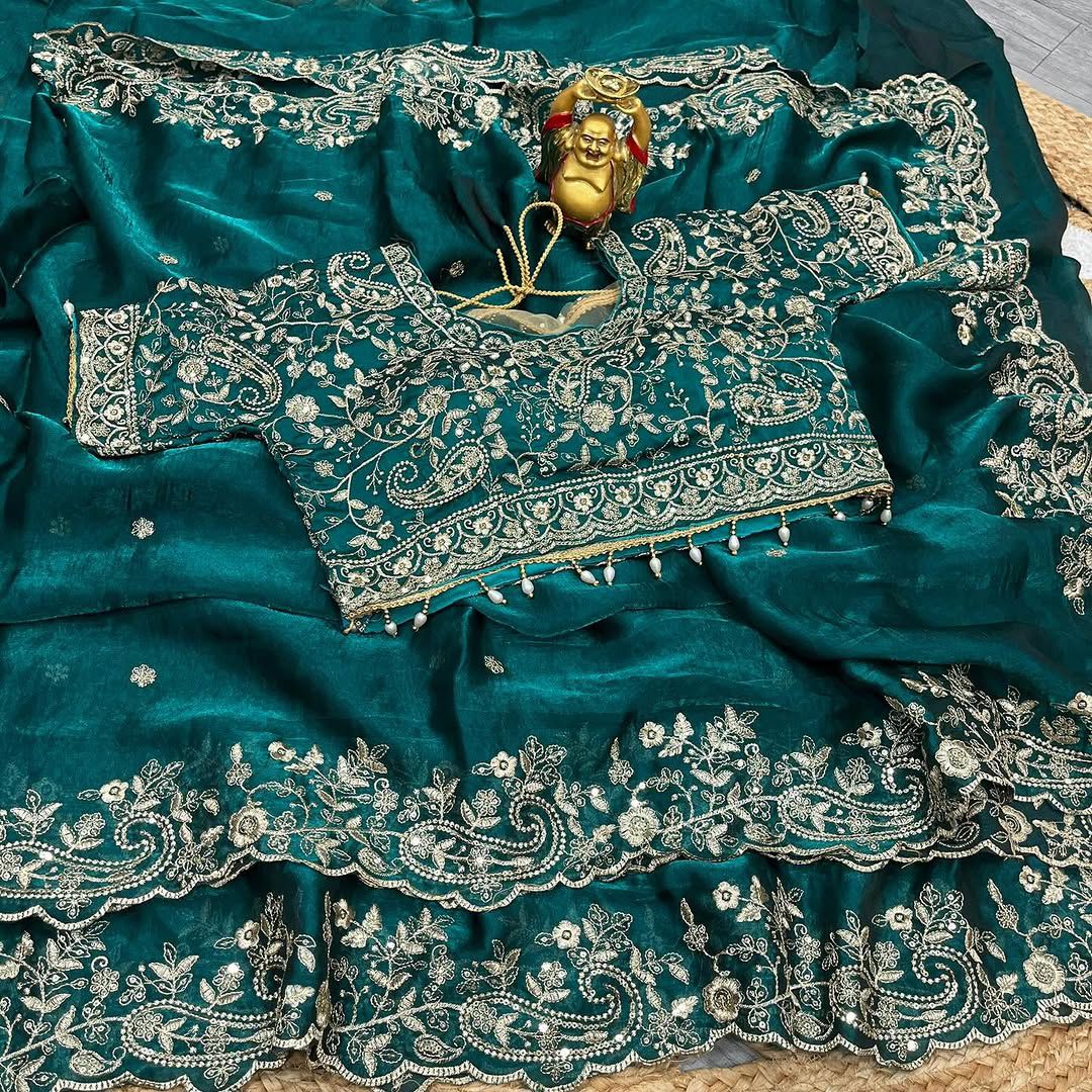 Space Silk Embroidery work saree with stitched blouse