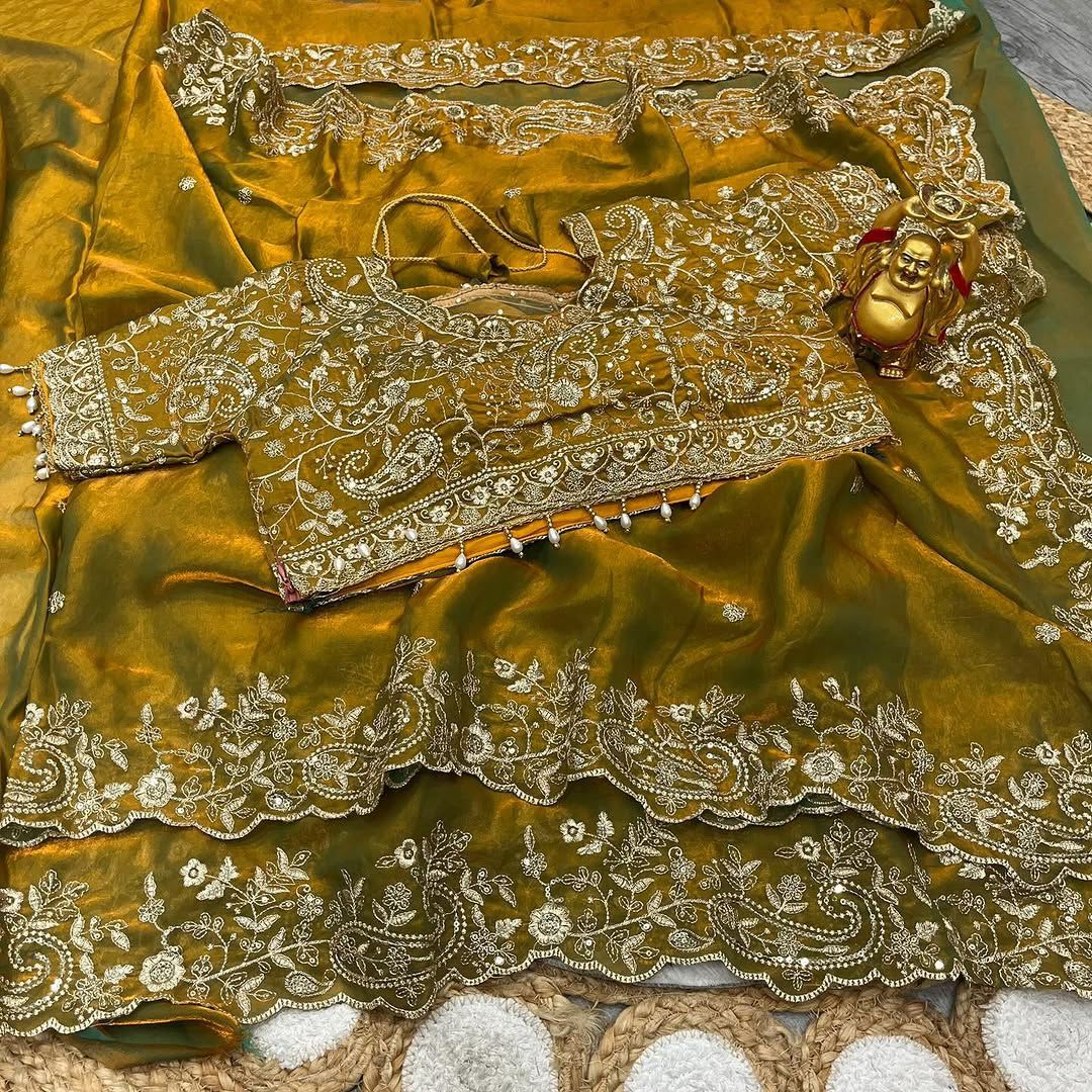 Space Silk Embroidery work saree with stitched blouse