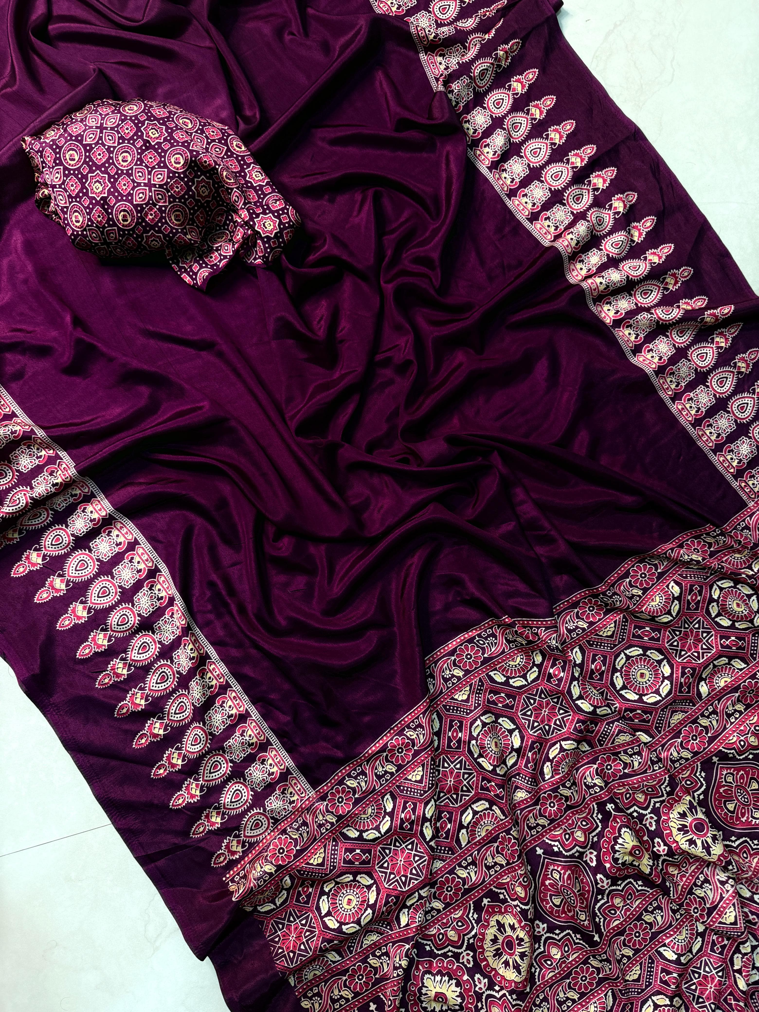 Ajrak Print crepe mix silk saree