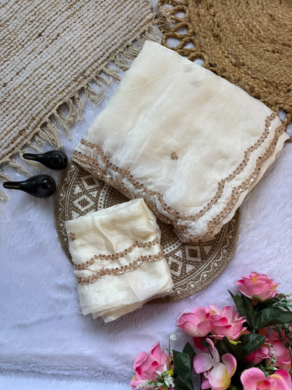 Space silk original handwork gold beads saree