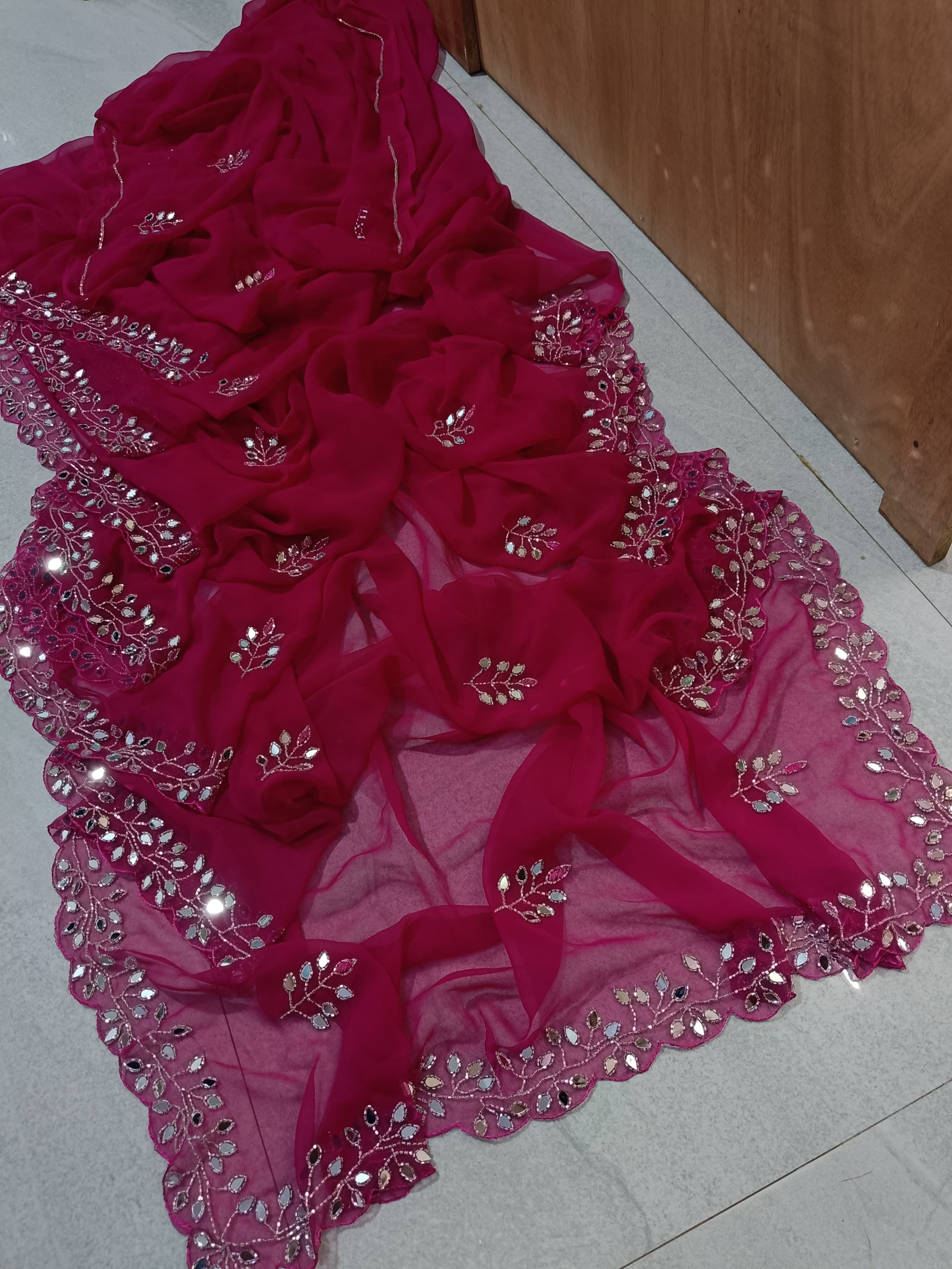 Fancy handwork mirrors and beads work georgette saree