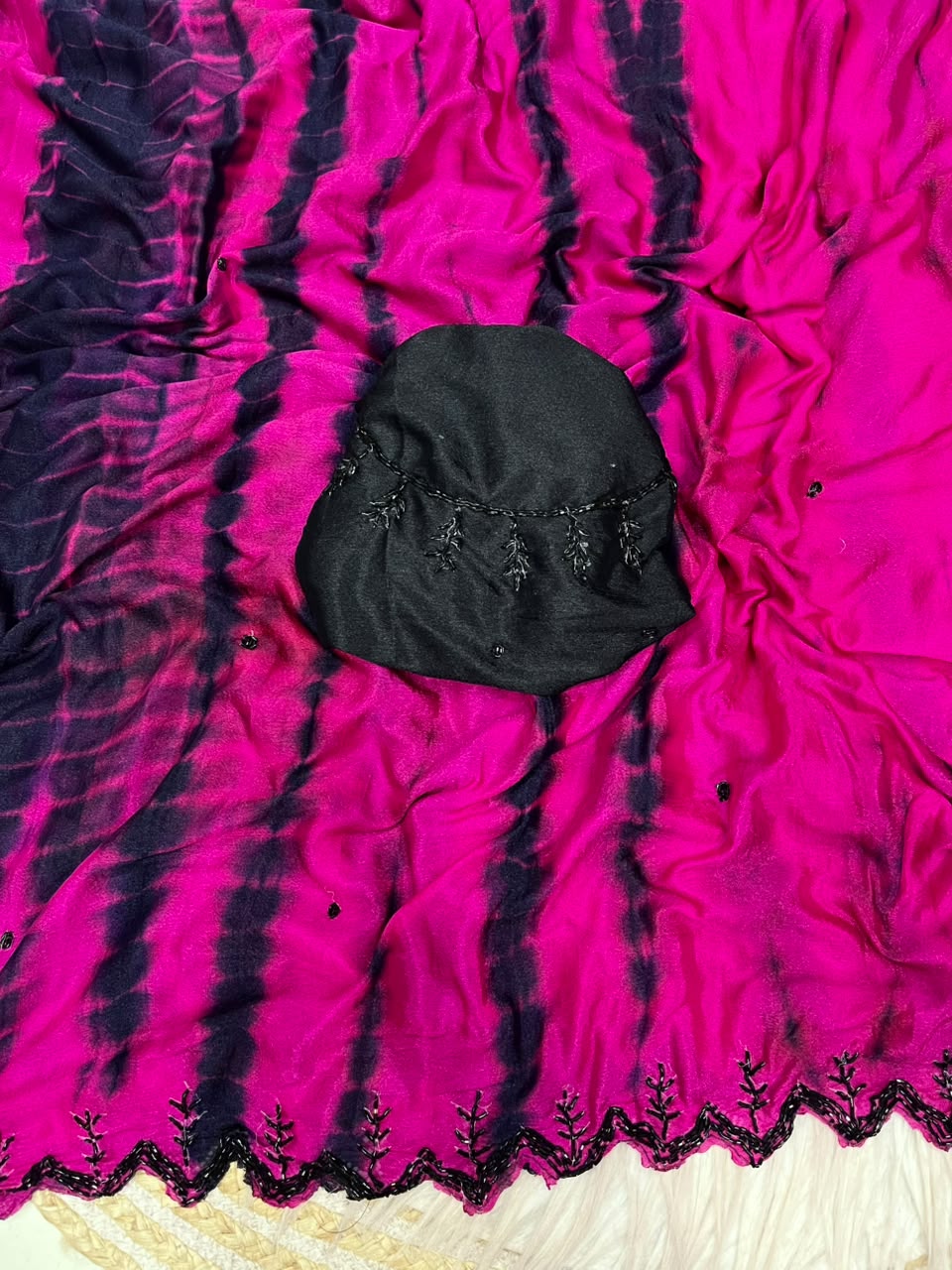 Tie and dye pure chinnon handwork saree