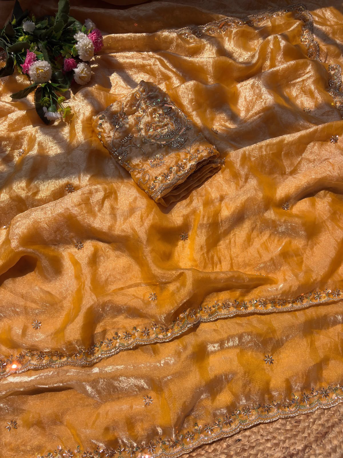 Pure space silk gold glass beads work saree