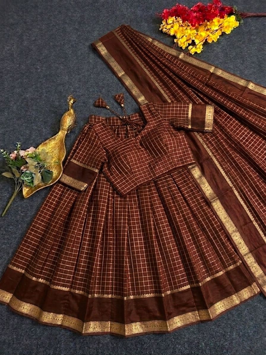 Viscose georgette vintage checks fully stitched half sareee