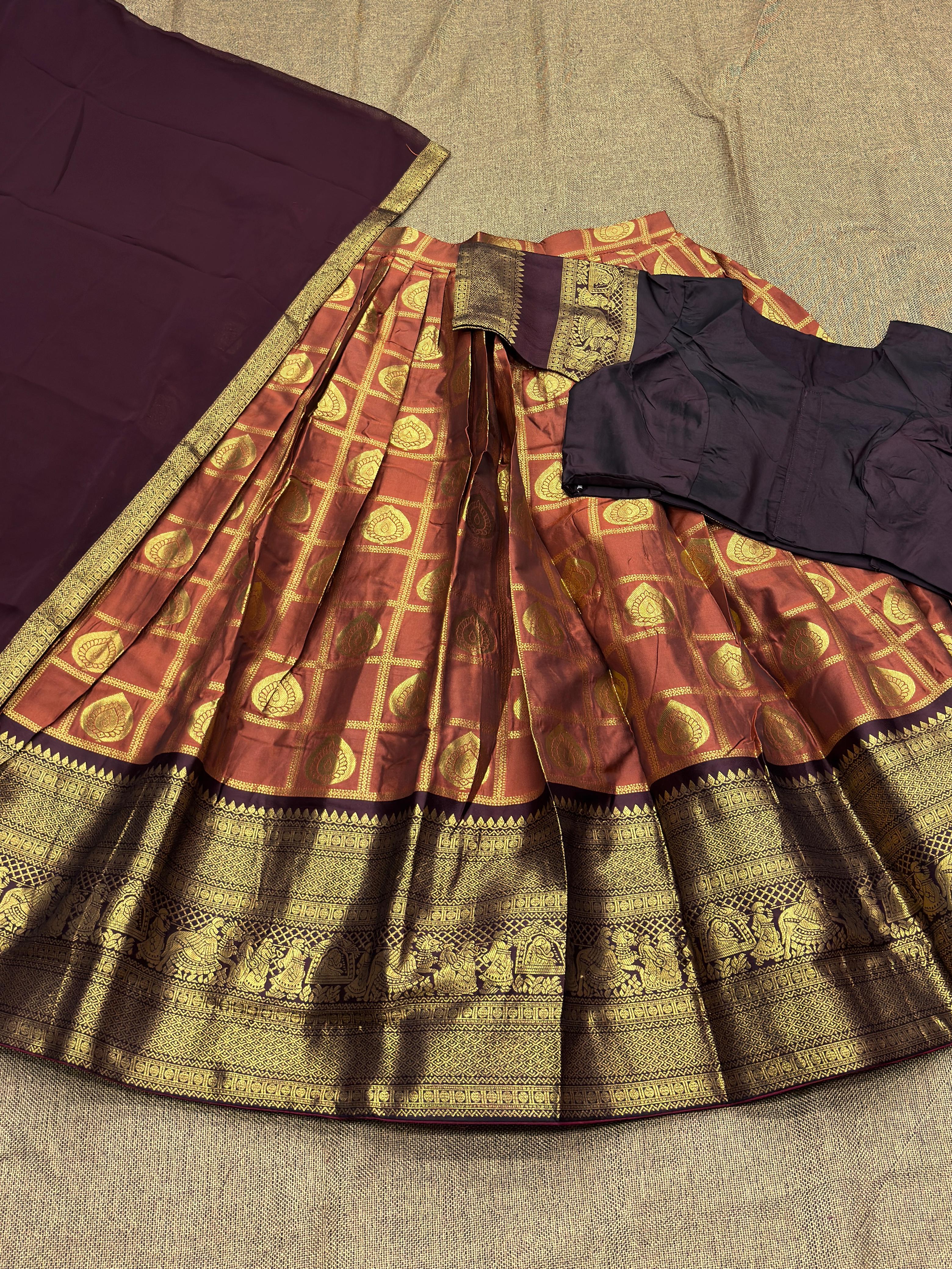 Rust orange and chocolate traditional fully stitched half saree
