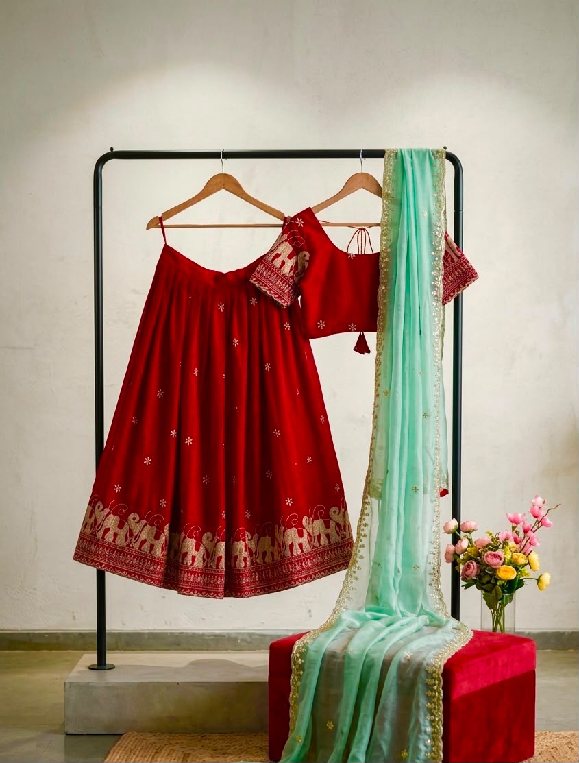 Heavy party wear Red-Ice blue fully stitched lehanga