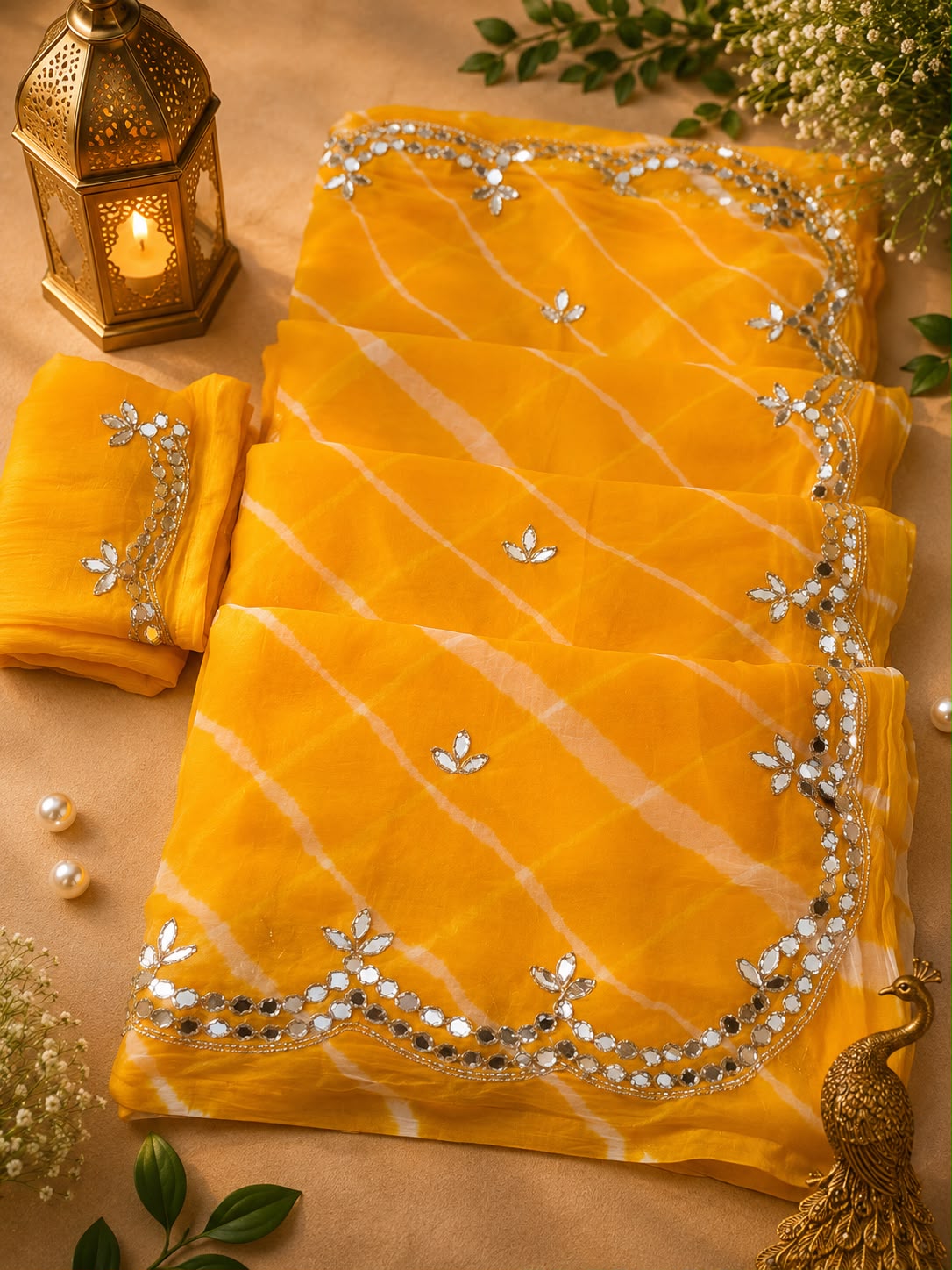 Lehriya chiffon mirror work saree