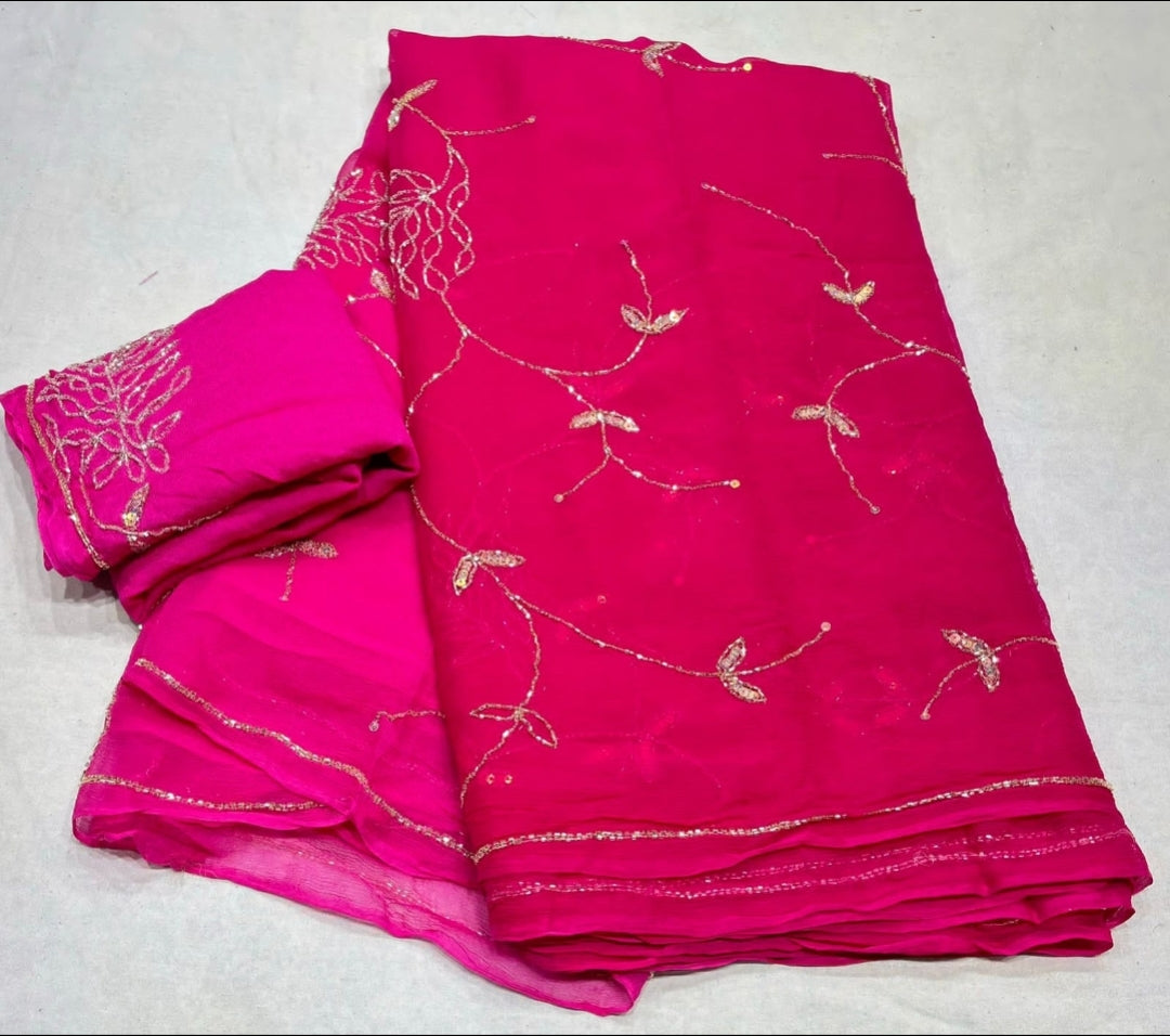 Chiffon pure jaal handwork saree