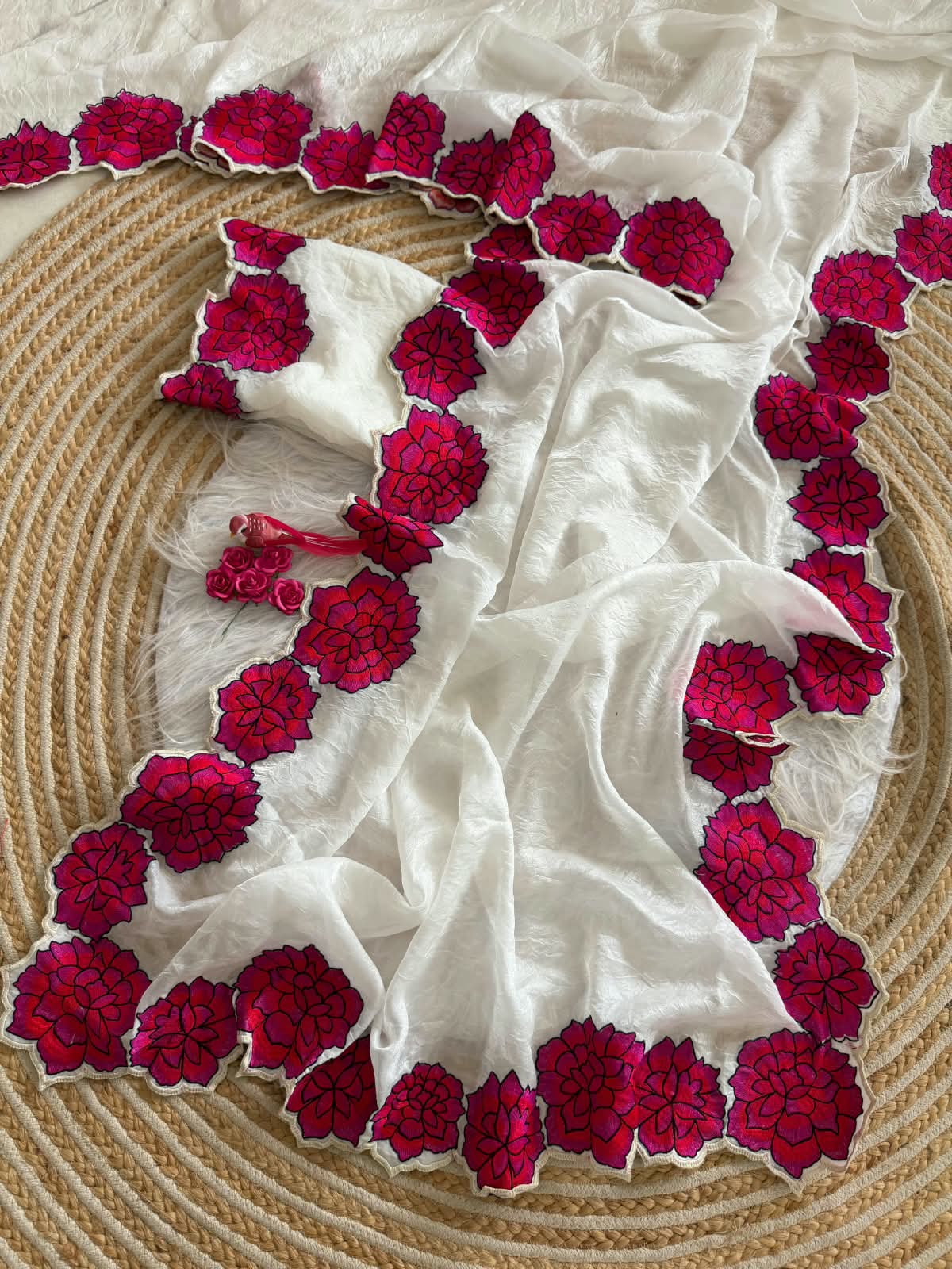 Ivory white and rose petals cutwork saree