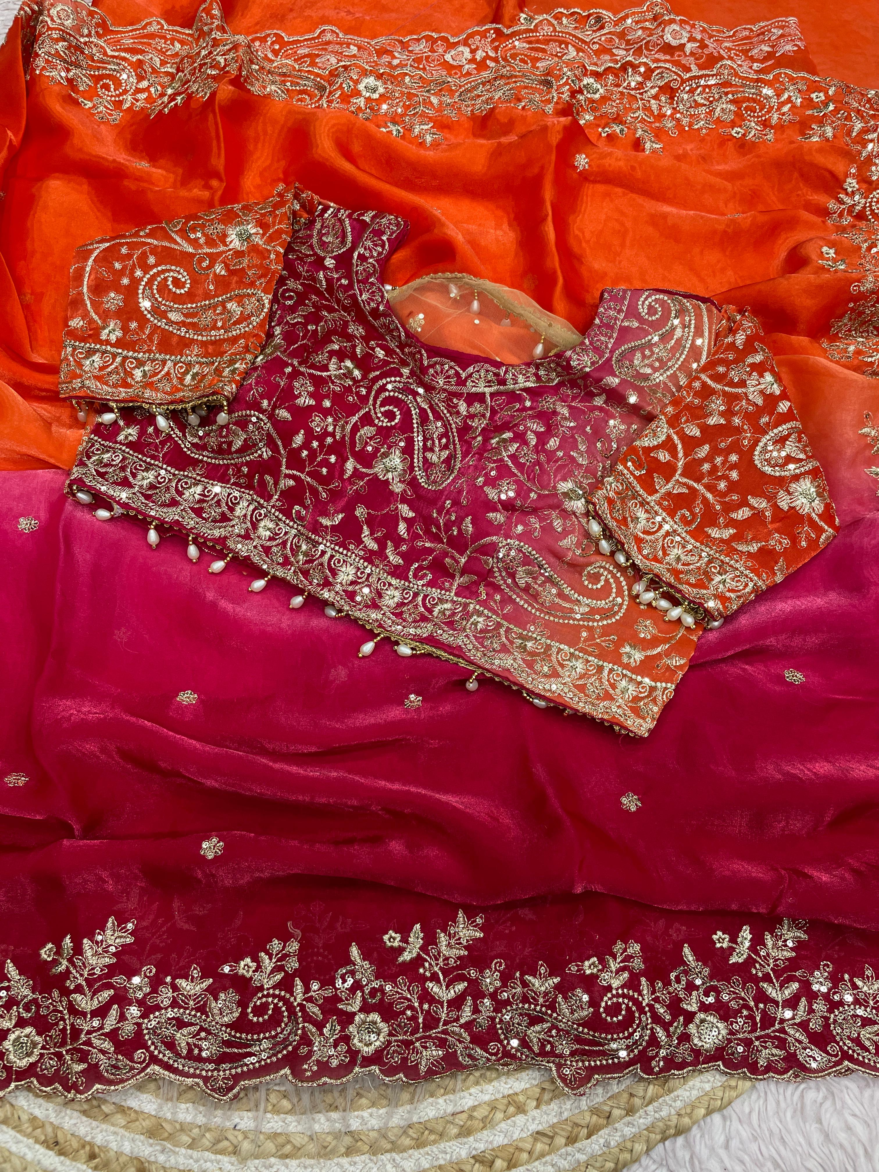 Space Silk Embroidery work saree with stitched blouse