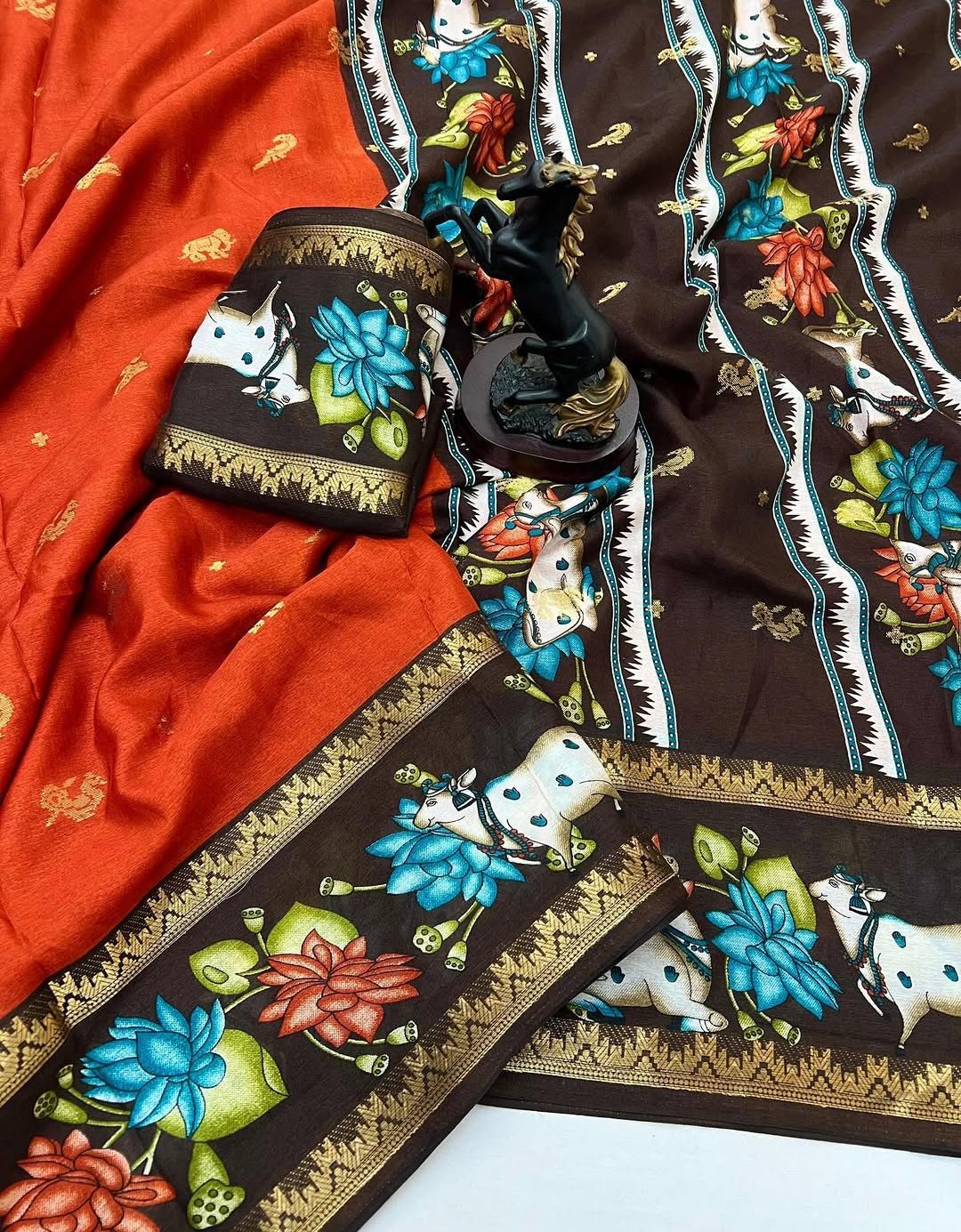Rust Orange Mangalagiri Pichwai saree