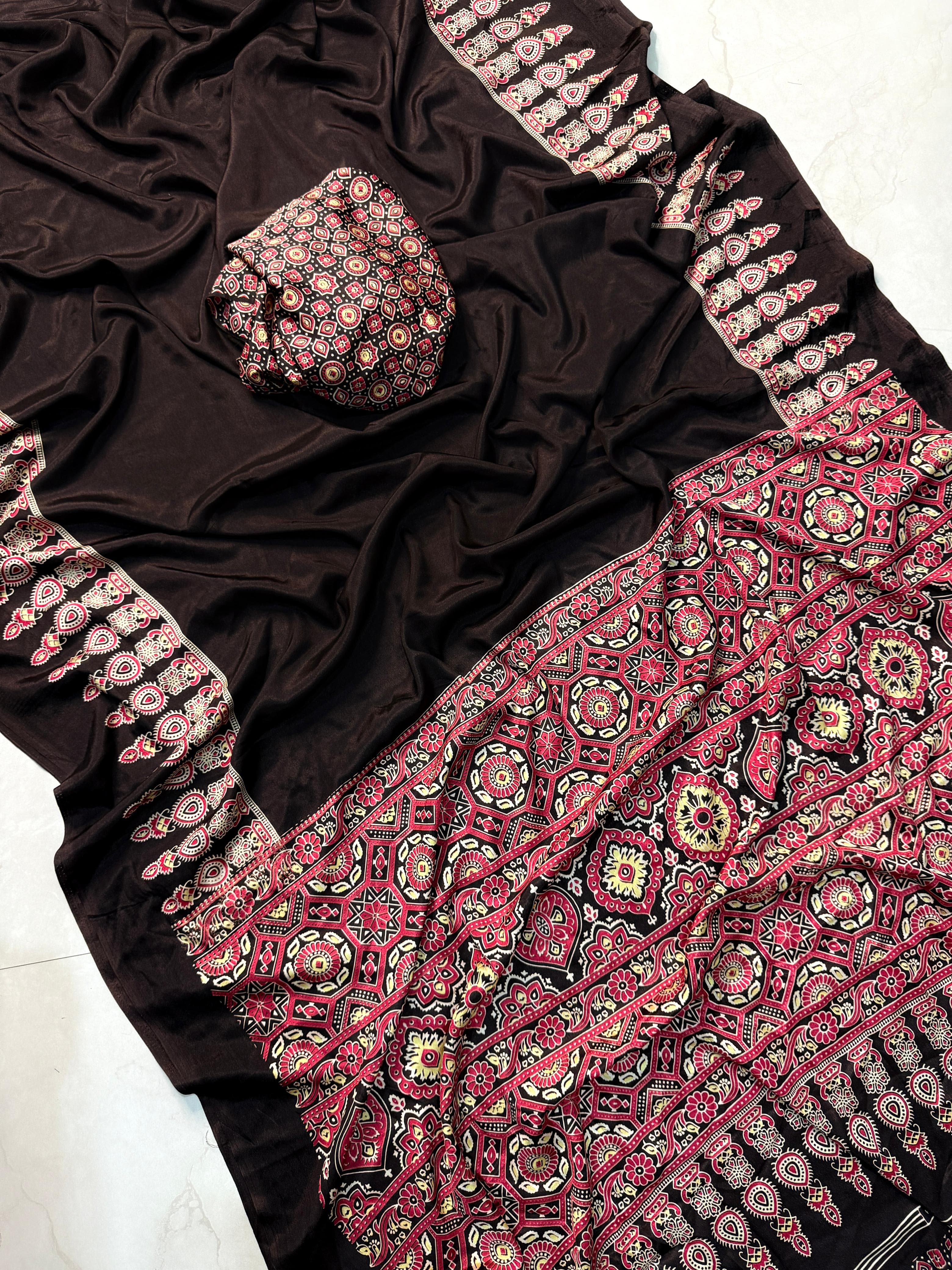 Ajrak Print crepe mix silk saree