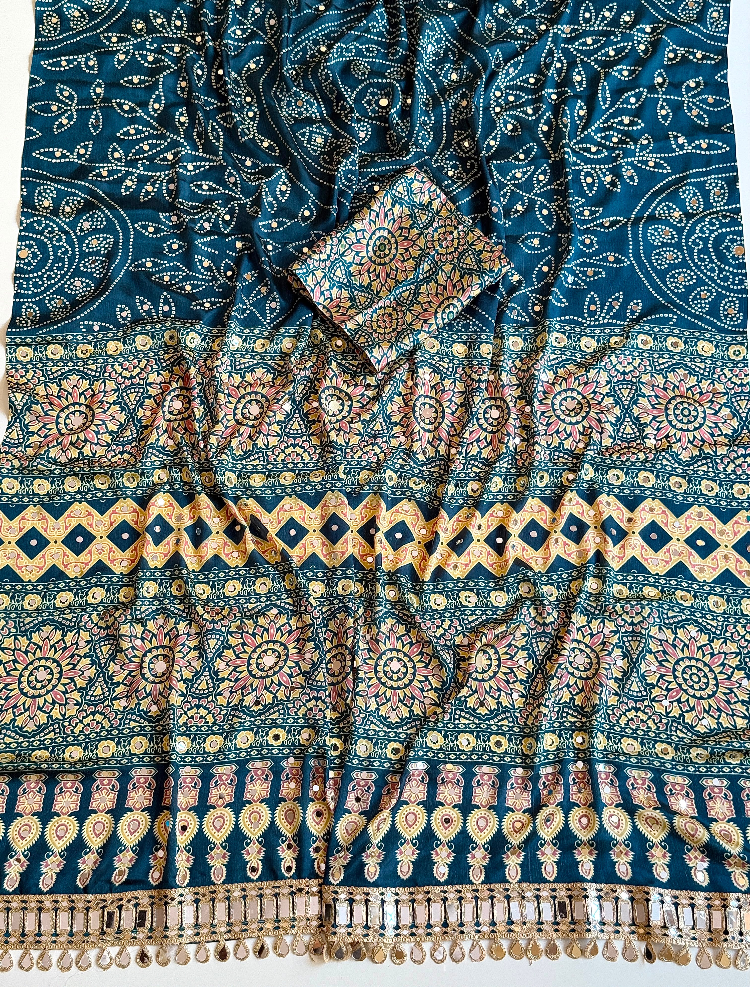 Ajrak design crepe silk mirror saree