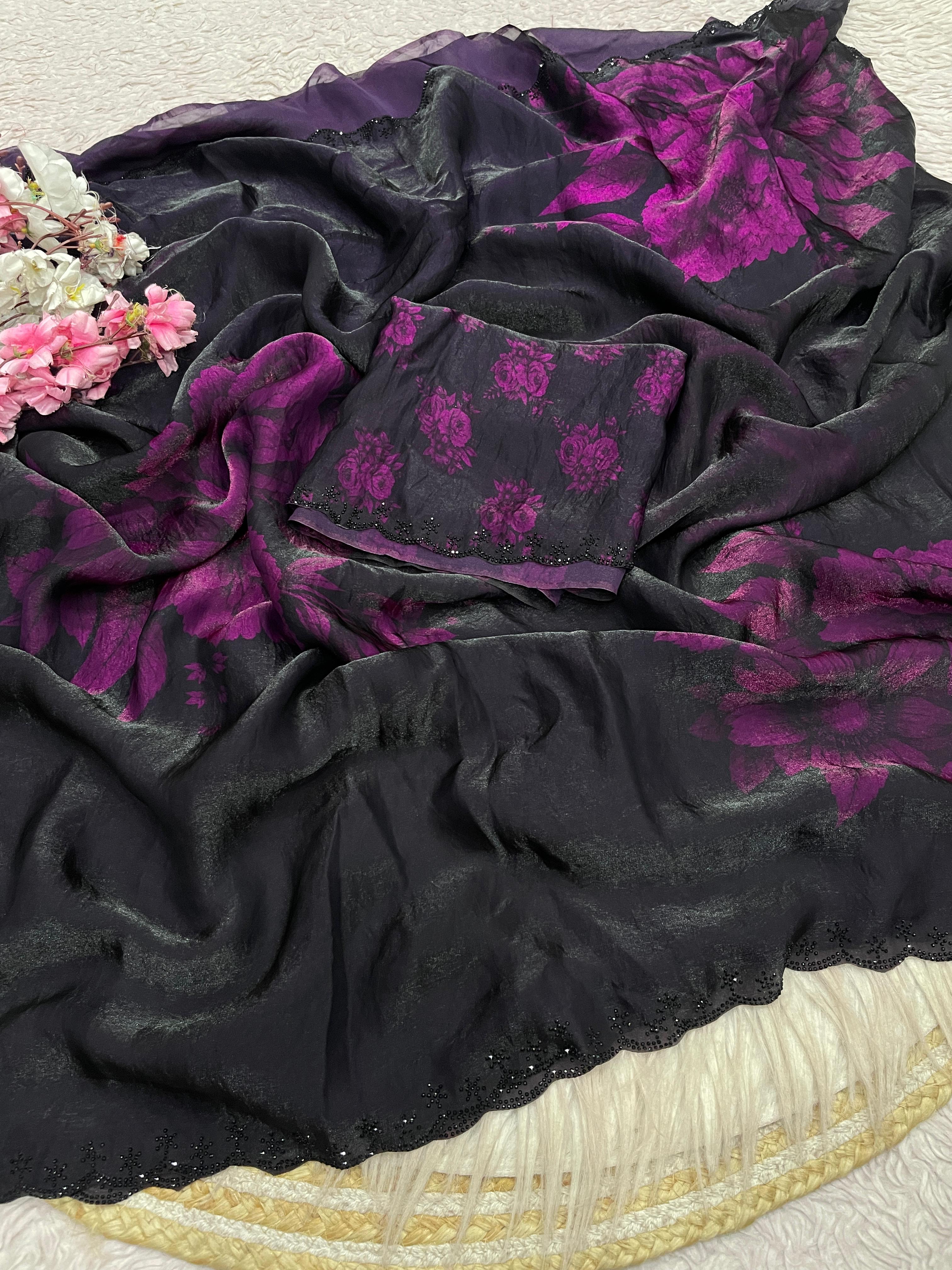 Space silk digital print with jarkhan work partywear saree
