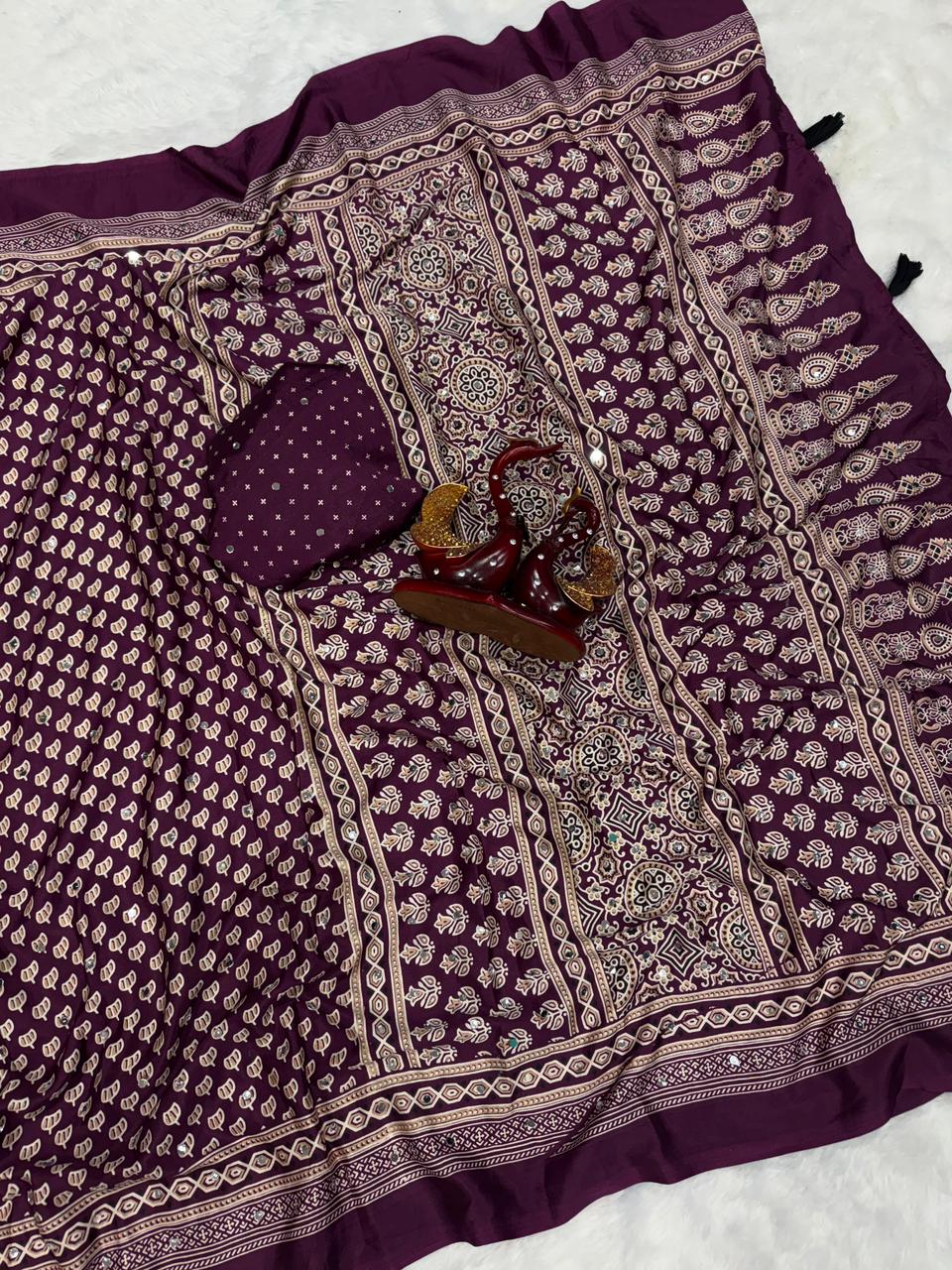 Semi modal crepe silk ajrak mirror saree