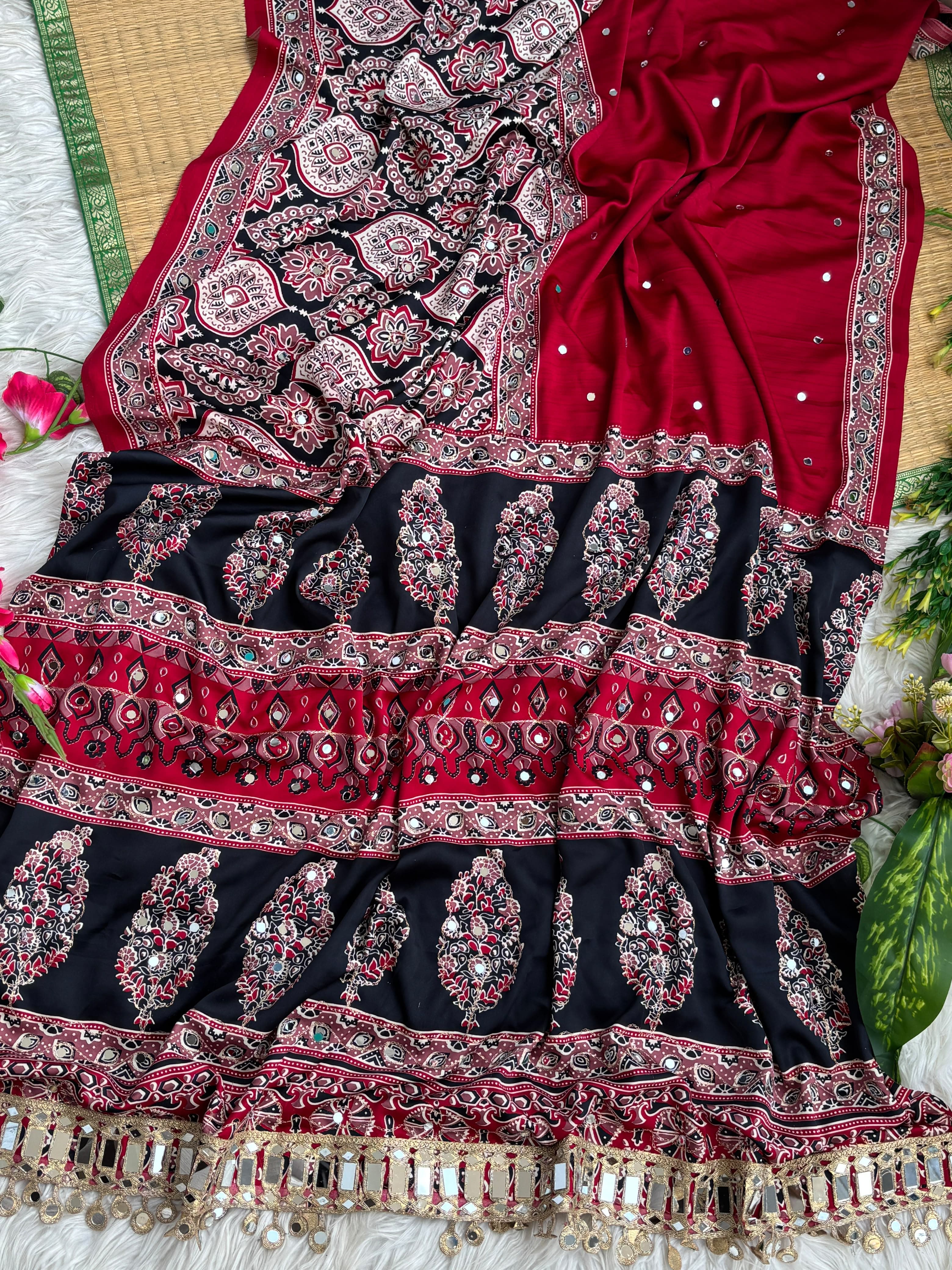 Ajrak mirror satin modal saree