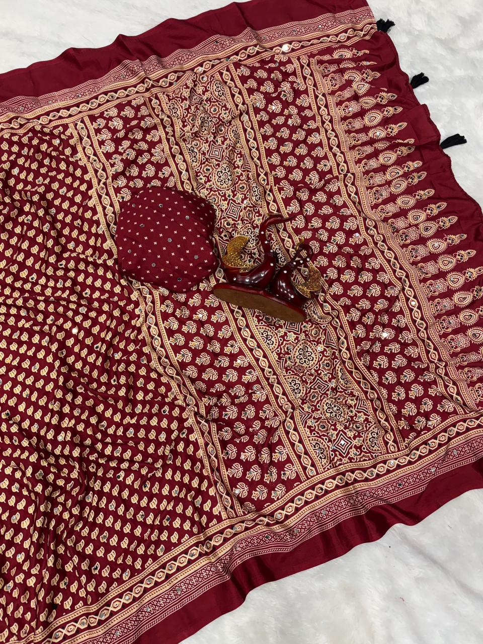 Semi modal crepe silk ajrak mirror saree