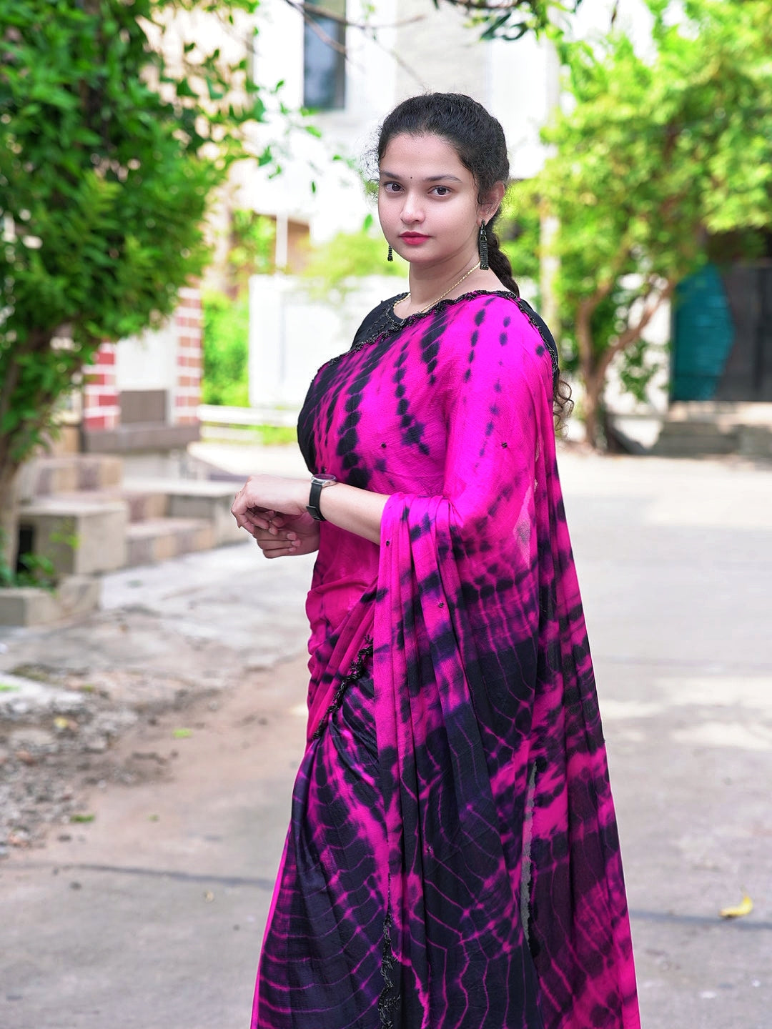 Tie and dye pure chinnon handwork saree