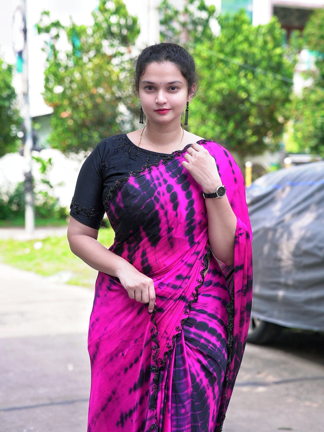 Tie and dye pure chinnon handwork saree