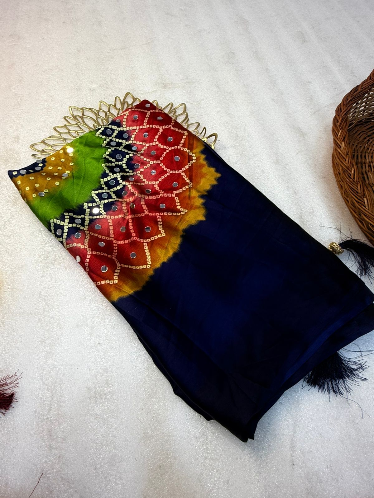 Ganji bandhej silk mirror work soft saree