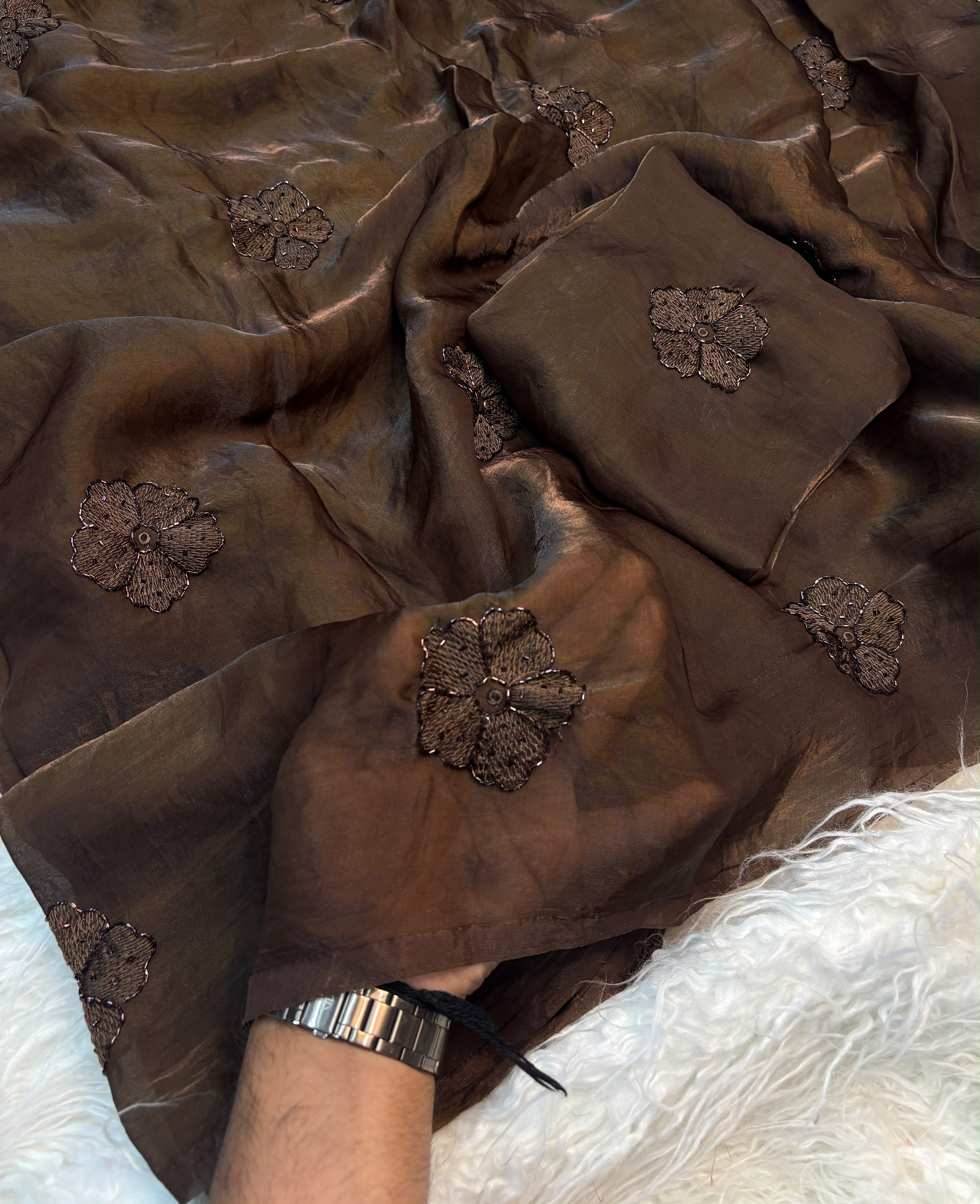 Dark mocha flower space silk saree