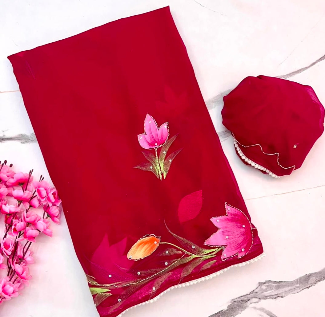 Brush paint soft georgette handwork saree